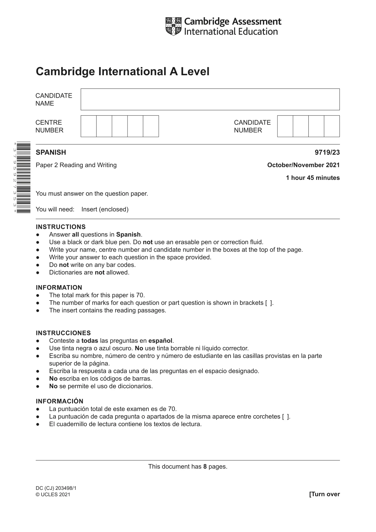 Cambridge A Level Spanish (A Level only) 9719 2021 Oct/Nov Paper 2 · Variant 3 question paper, page 1 of 8