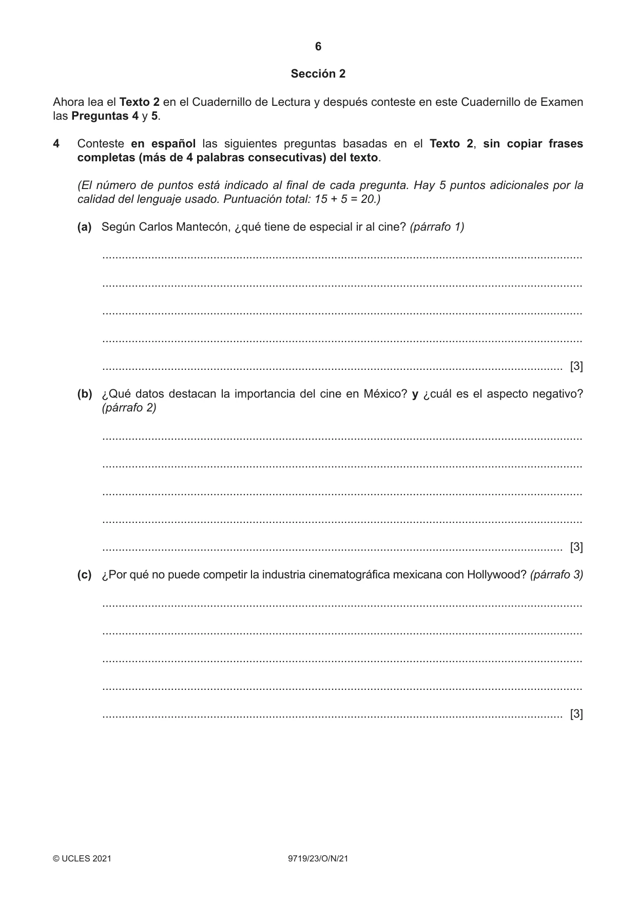 Cambridge A Level Spanish (A Level only) 9719 2021 Oct/Nov Paper 2 · Variant 3 question paper, page 6 of 8
