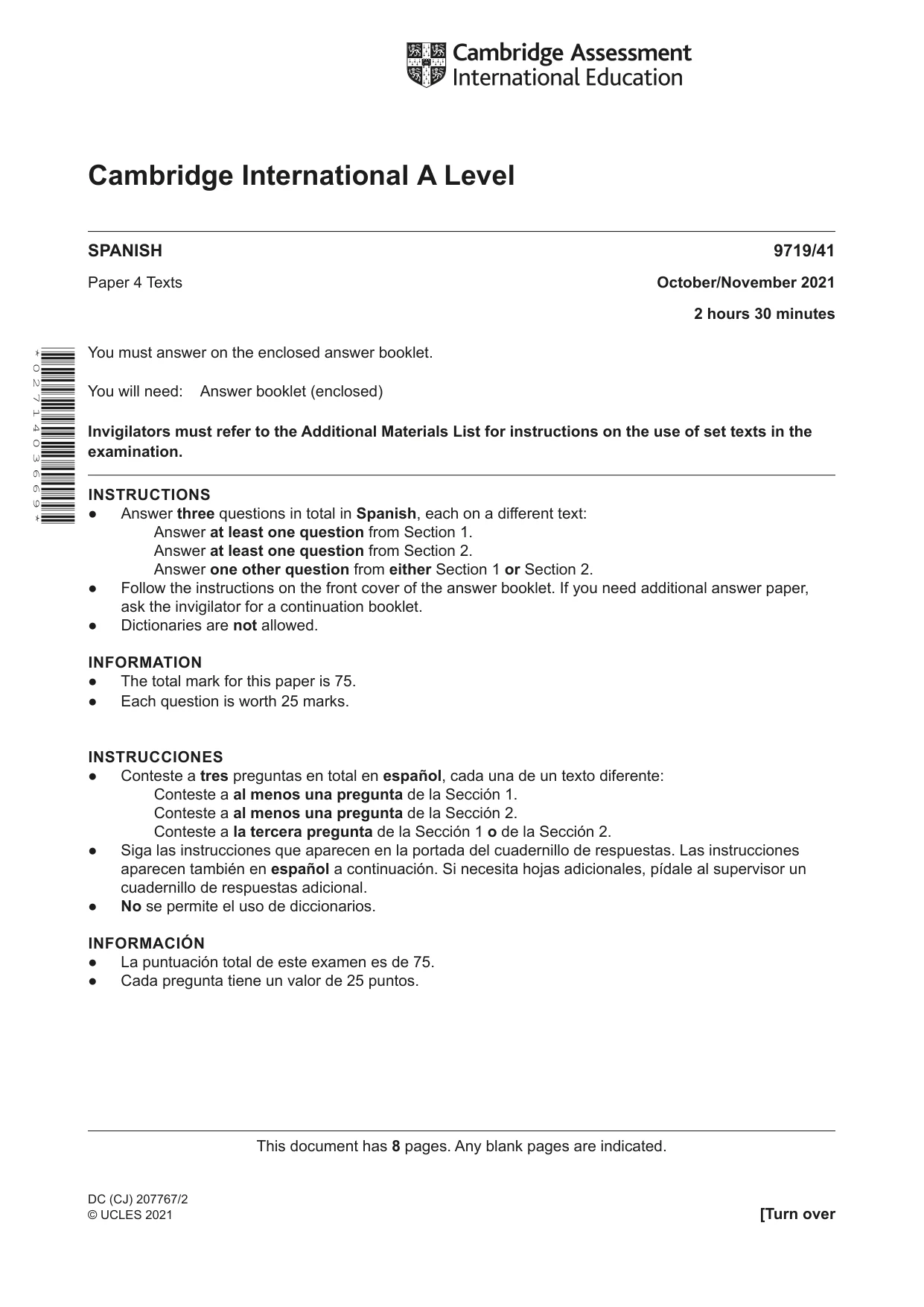 Cambridge A Level Spanish (A Level only) 9719 2021 Oct/Nov Paper 4 · Variant 1 question paper, page 1 of 8