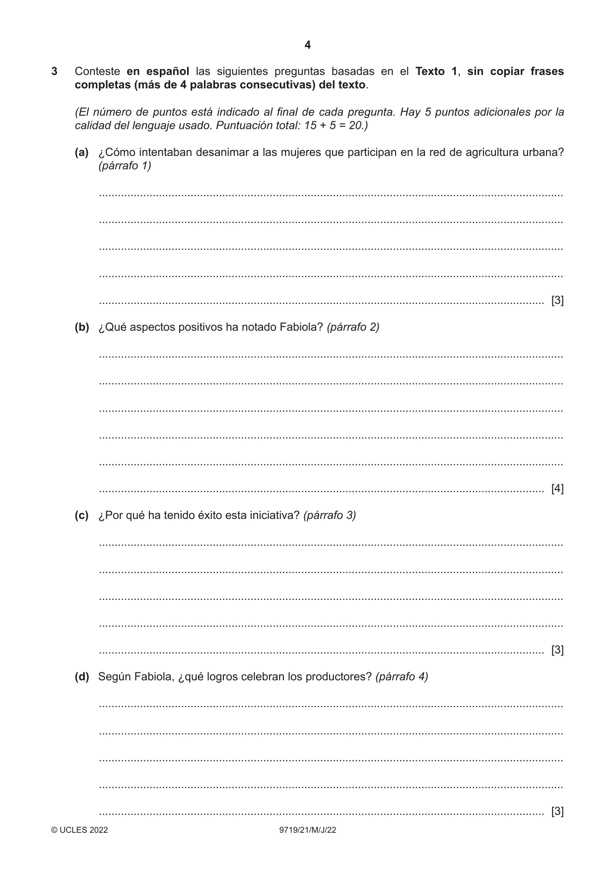 Cambridge A Level Spanish (A Level only) 9719 2022 May/June Paper 2 · Variant 1 question paper, page 4 of 8
