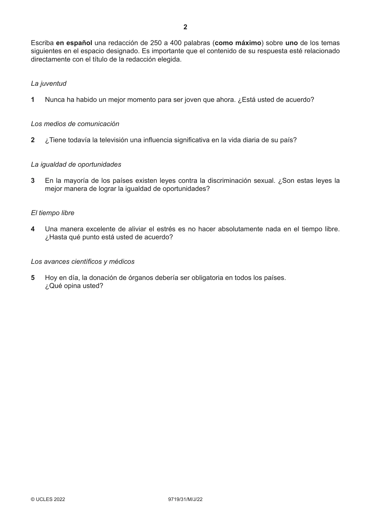 Cambridge A Level Spanish (A Level only) 9719 2022 May/June Paper 3 · Variant 1 question paper, page 2 of 8