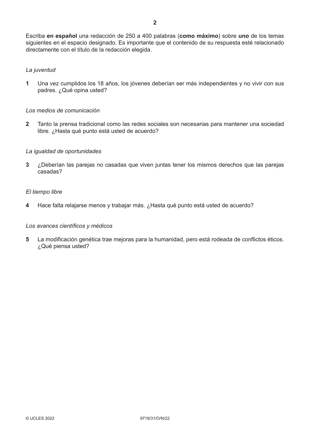 Cambridge A Level Spanish (A Level only) 9719 2022 Oct/Nov Paper 3 · Variant 1 question paper, page 2 of 8
