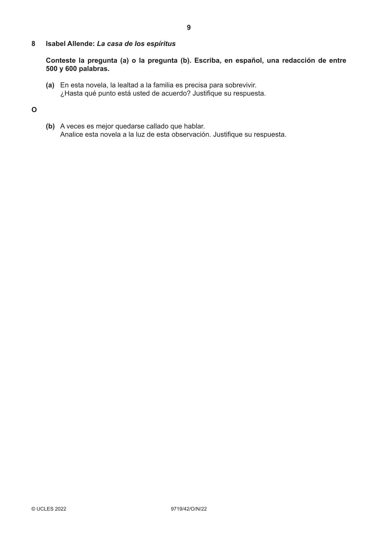Cambridge A Level Spanish (A Level only) 9719 2022 Oct/Nov Paper 4 · Variant 2 question paper, page 9 of 12