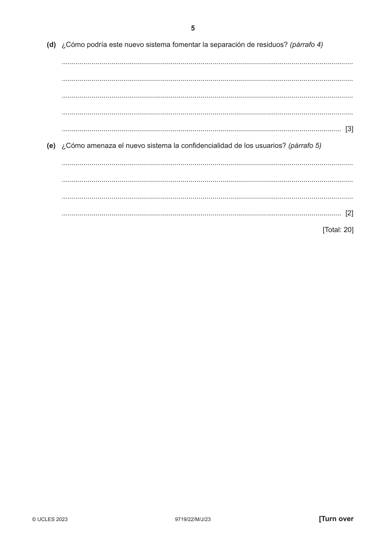 Cambridge A Level Spanish (A Level only) 9719 2023 May/June Paper 2 · Variant 2 question paper, page 5 of 8
