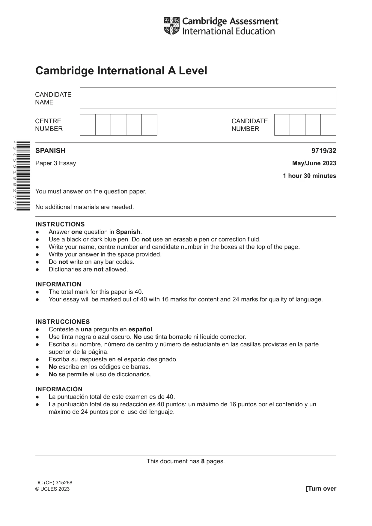Cambridge A Level Spanish (A Level only) 9719 2023 May/June Paper 3 · Variant 2 question paper, page 1 of 8