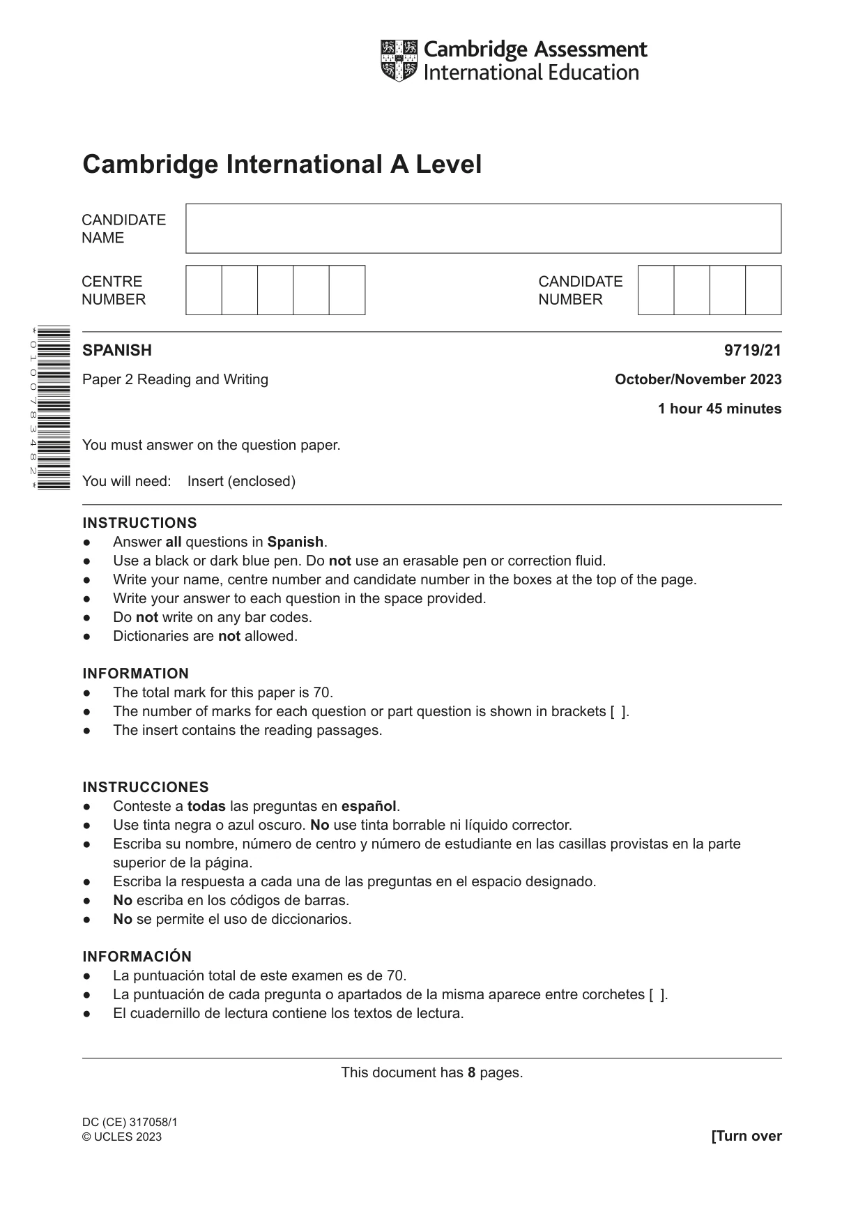 Cambridge A Level Spanish (A Level only) 9719 2023 Oct/Nov Paper 2 · Variant 1 question paper, page 1 of 8