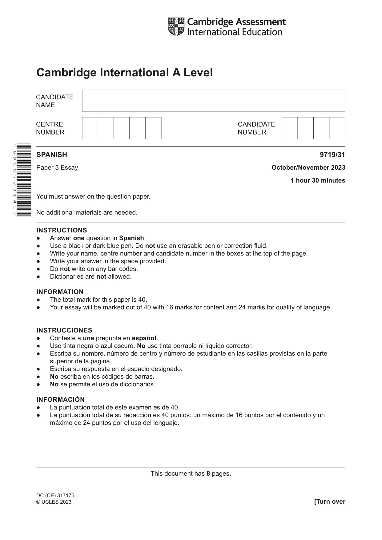 Cambridge A Level Spanish (A Level only) 9719 2023 Oct/Nov Paper 3 · Variant 1 question paper, page 1 of 8