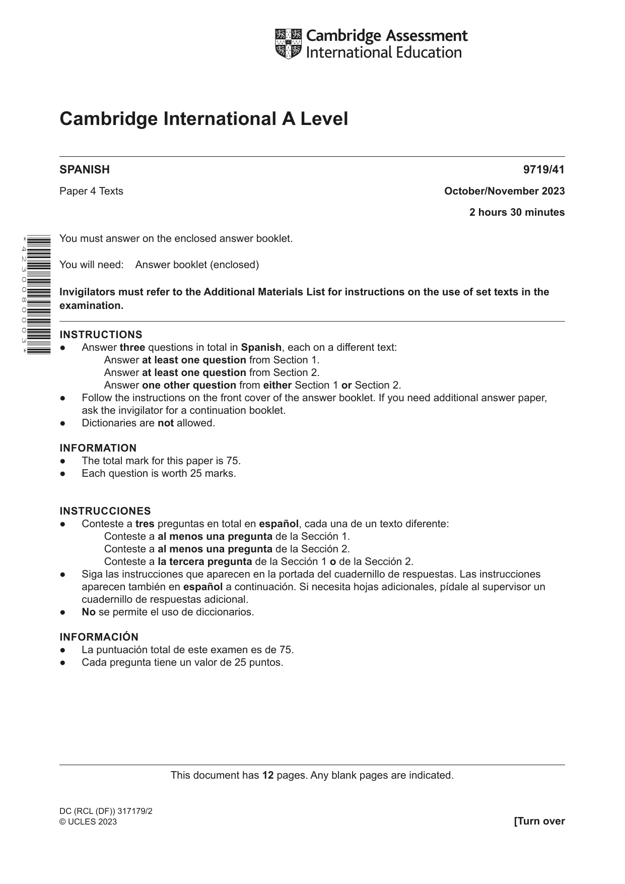 Cambridge A Level Spanish (A Level only) 9719 2023 Oct/Nov Paper 4 · Variant 1 question paper, page 1 of 12
