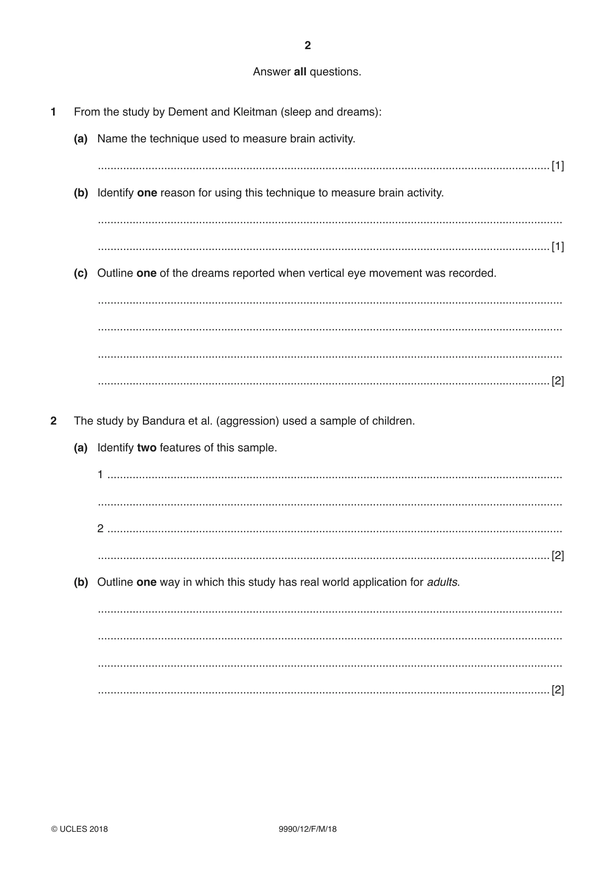 Cambridge A Level Psychology (from 2018) 9990 2018 Feb/March Paper 1 · Variant 2 question paper, page 2 of 12