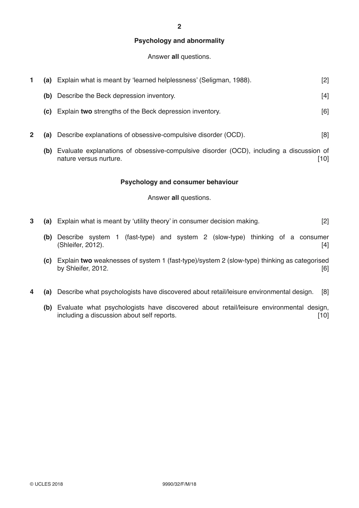 Cambridge A Level Psychology (from 2018) 9990 2018 Feb/March Paper 3 · Variant 2 question paper, page 2 of 4