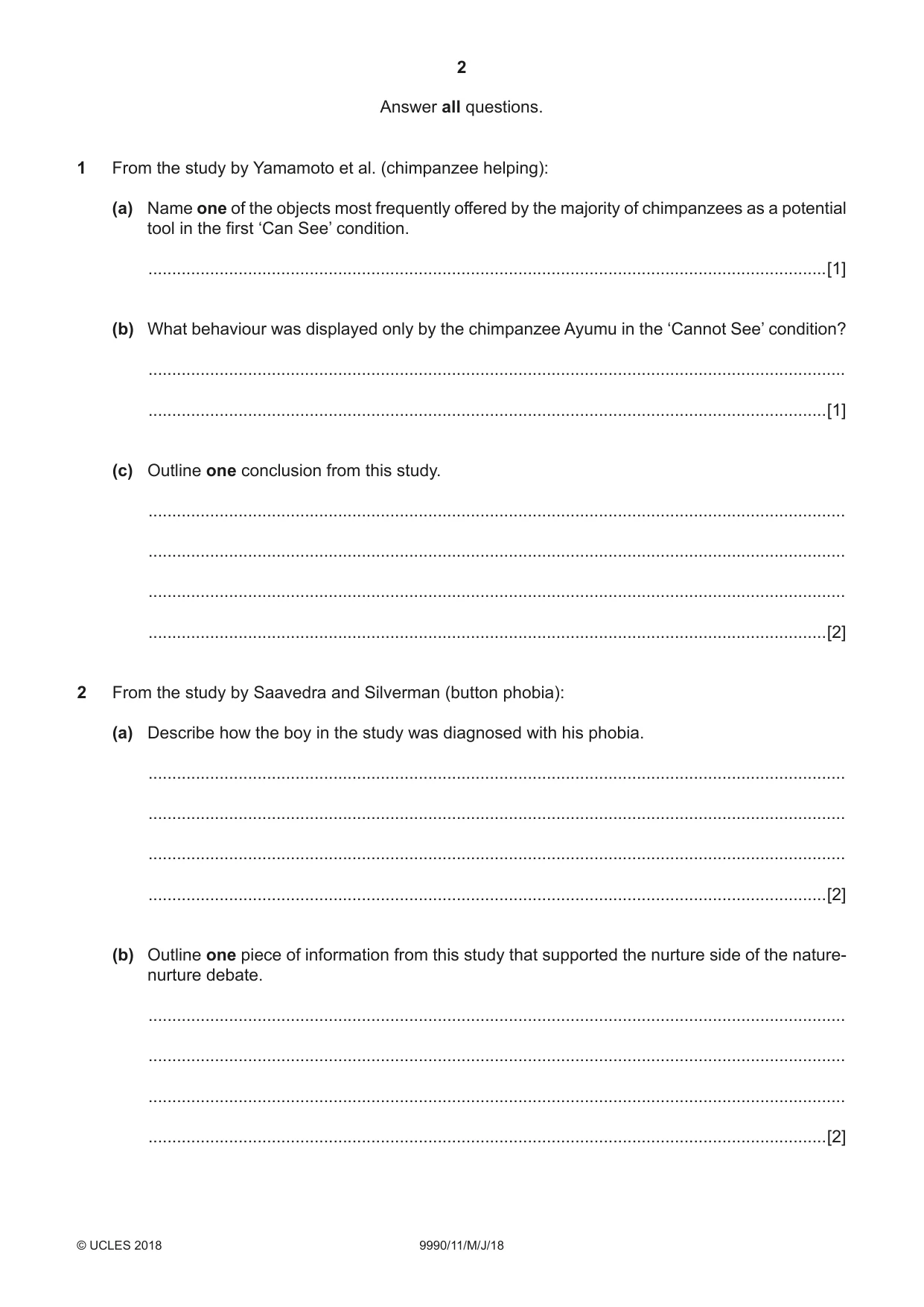 Cambridge A Level Psychology (from 2018) 9990 2018 May/June Paper 1 · Variant 1 question paper, page 2 of 8