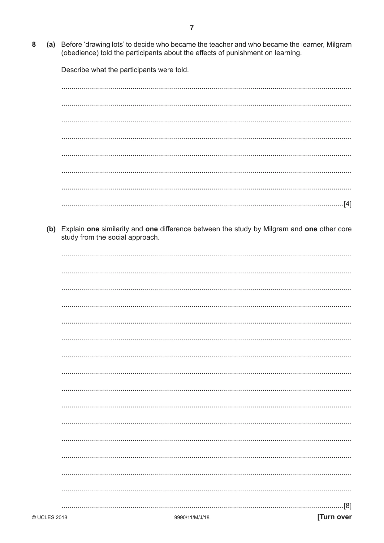 Cambridge A Level Psychology (from 2018) 9990 2018 May/June Paper 1 · Variant 1 question paper, page 7 of 8