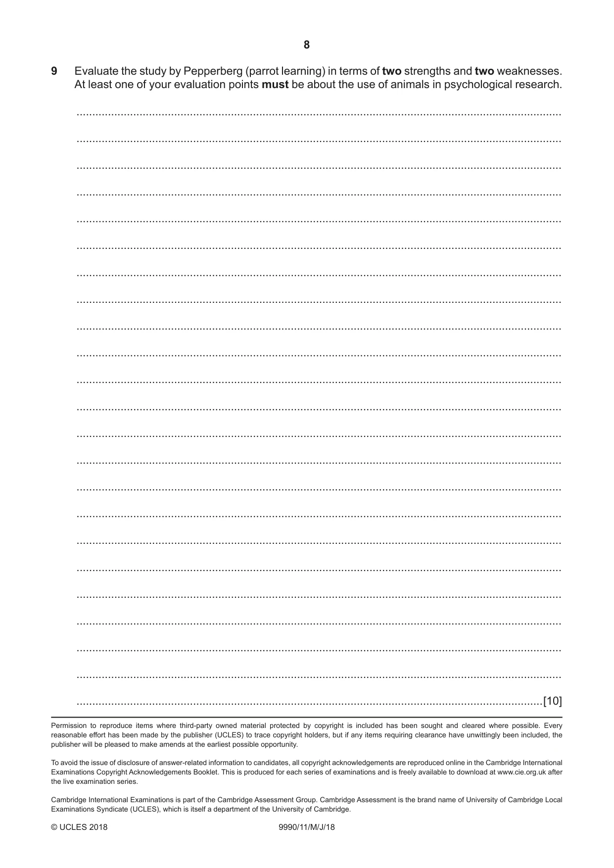 Cambridge A Level Psychology (from 2018) 9990 2018 May/June Paper 1 · Variant 1 question paper, page 8 of 8