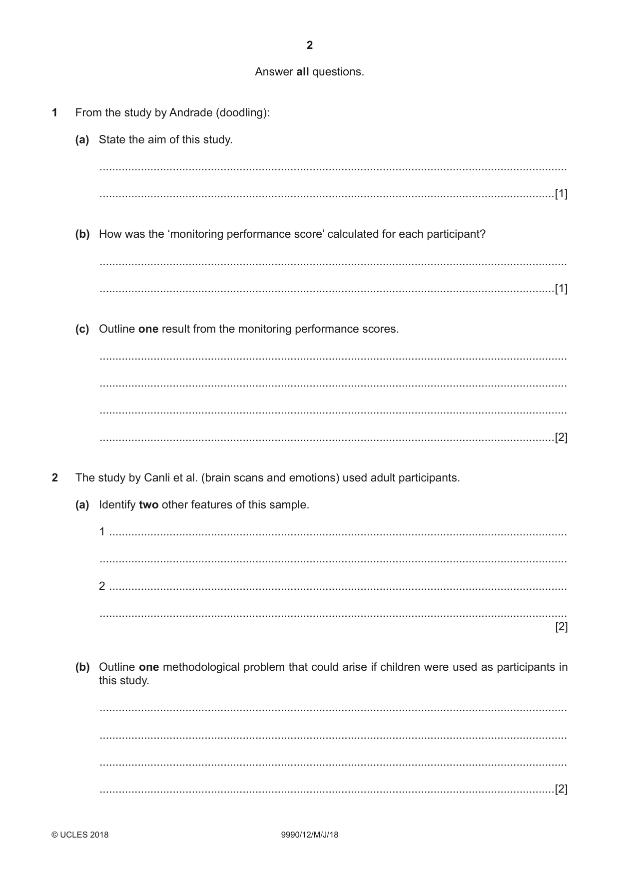 Cambridge A Level Psychology (from 2018) 9990 2018 May/June Paper 1 · Variant 2 question paper, page 2 of 8