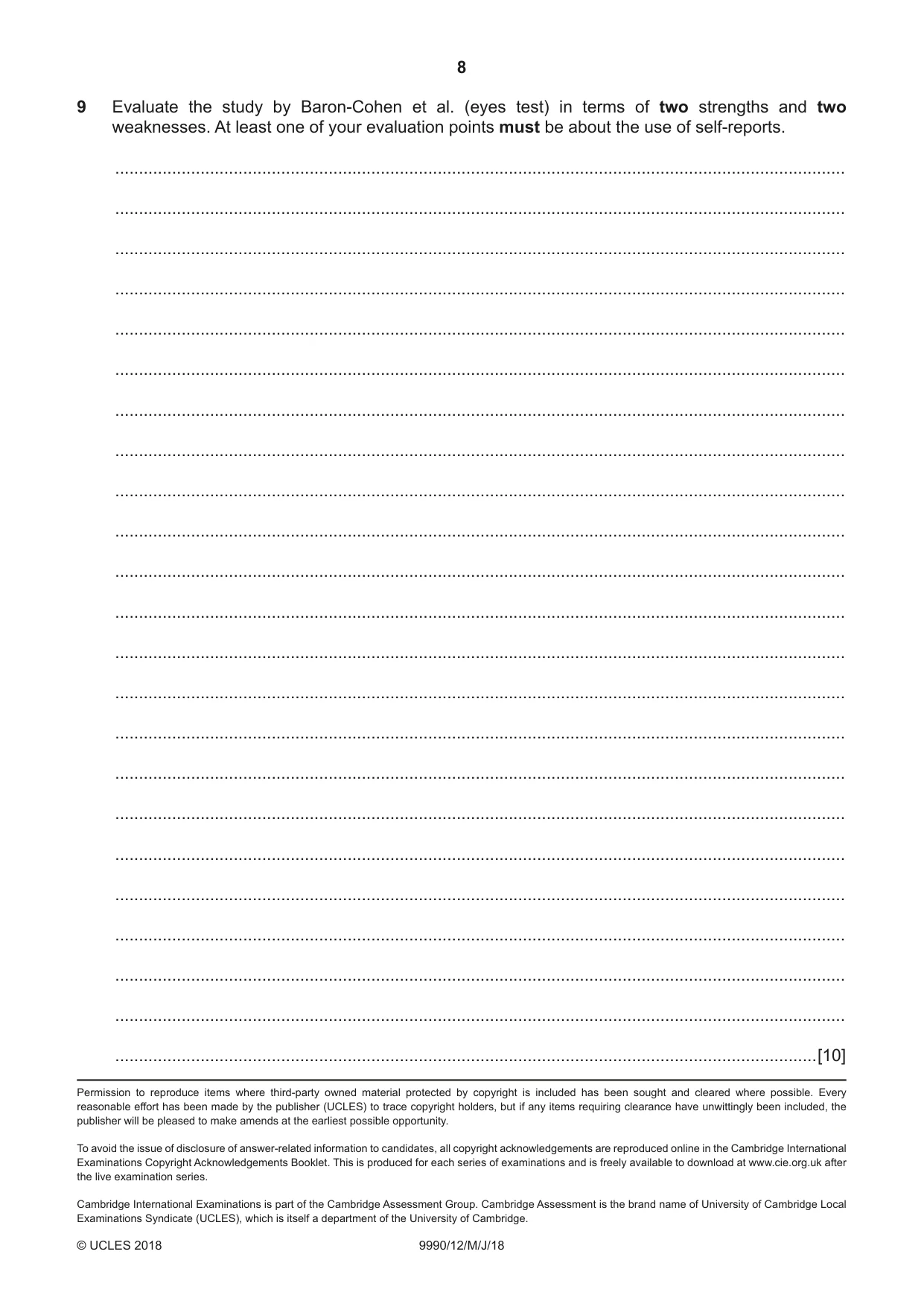 Cambridge A Level Psychology (from 2018) 9990 2018 May/June Paper 1 · Variant 2 question paper, page 8 of 8