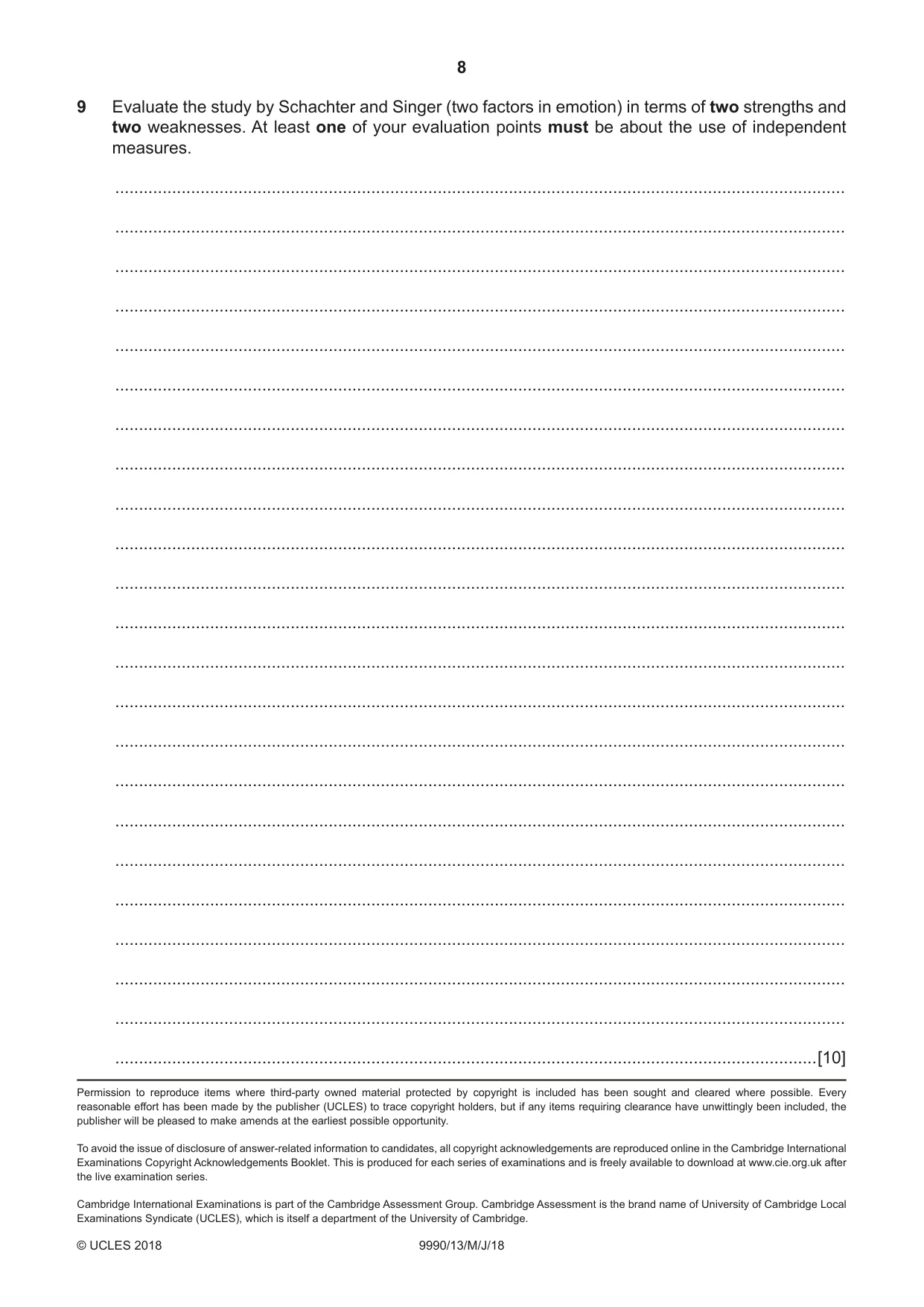 Cambridge A Level Psychology (from 2018) 9990 2018 May/June Paper 1 · Variant 3 question paper, page 8 of 8