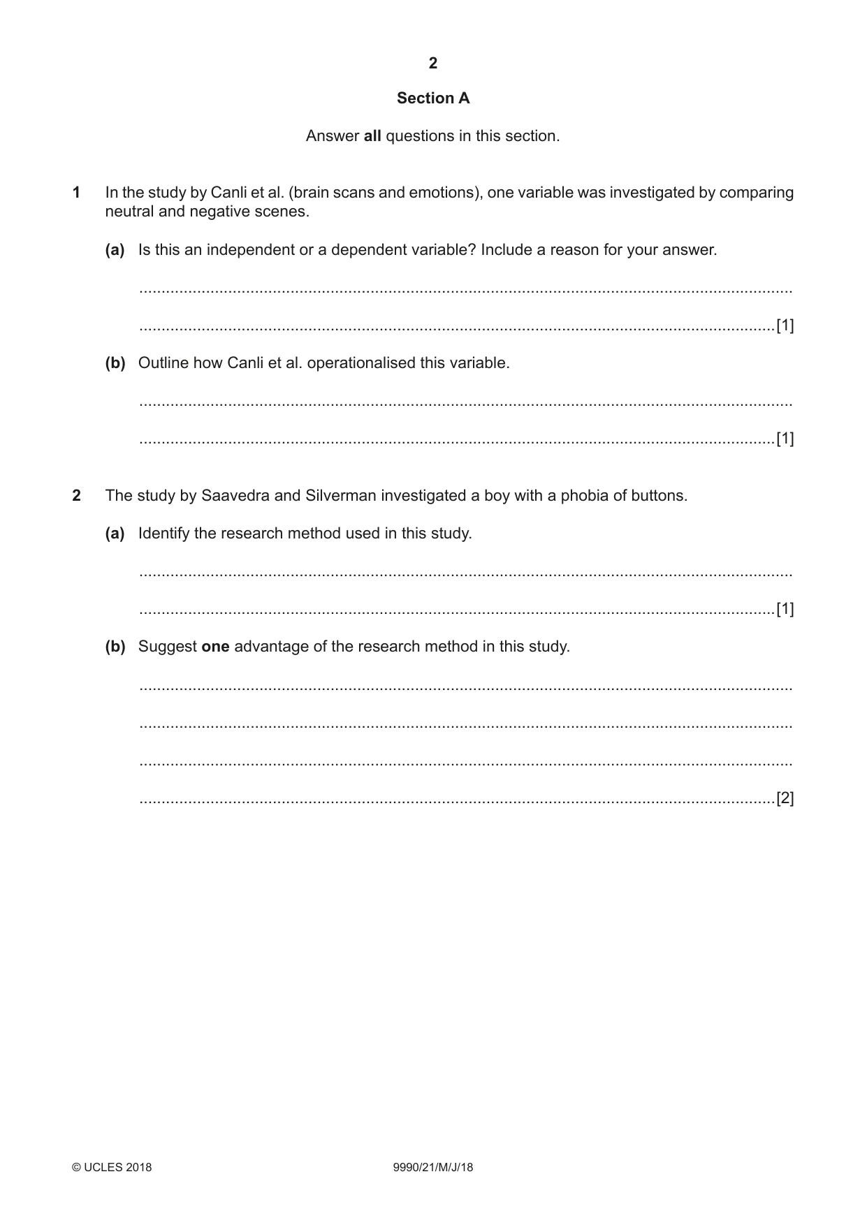 Cambridge A Level Psychology (from 2018) 9990 2018 May/June Paper 2 · Variant 1 question paper, page 2 of 12