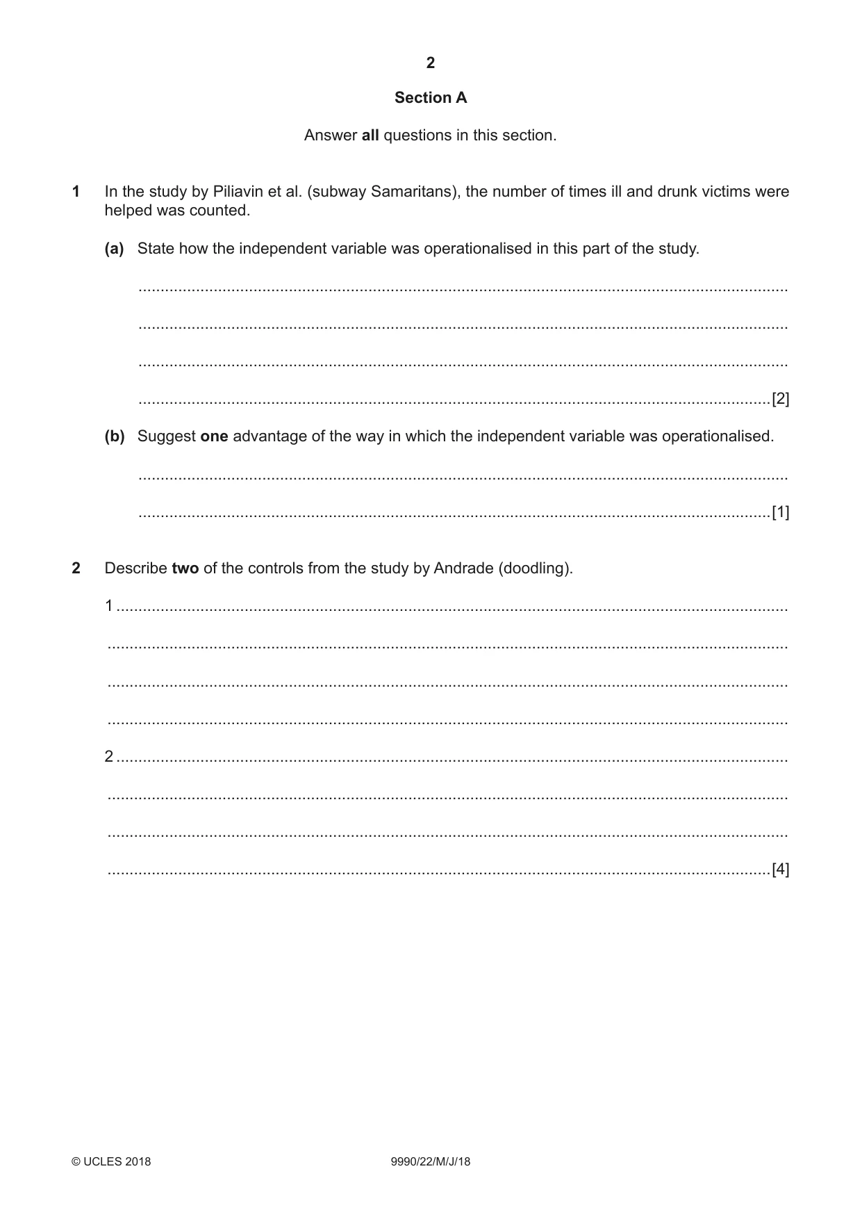 Cambridge A Level Psychology (from 2018) 9990 2018 May/June Paper 2 · Variant 2 question paper, page 2 of 12