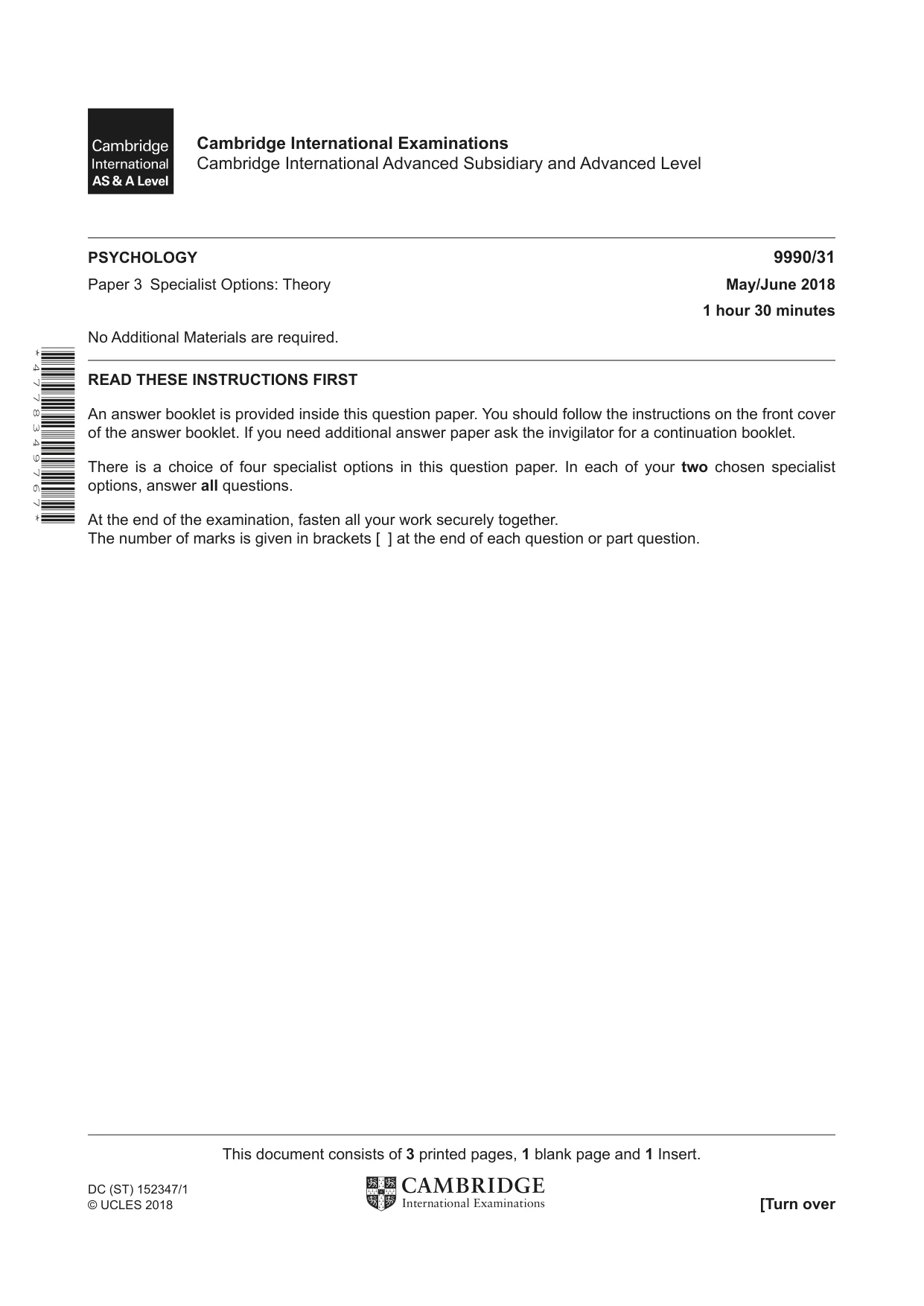 Cambridge A Level Psychology (from 2018) 9990 2018 May/June Paper 3 · Variant 1 question paper, page 1 of 4
