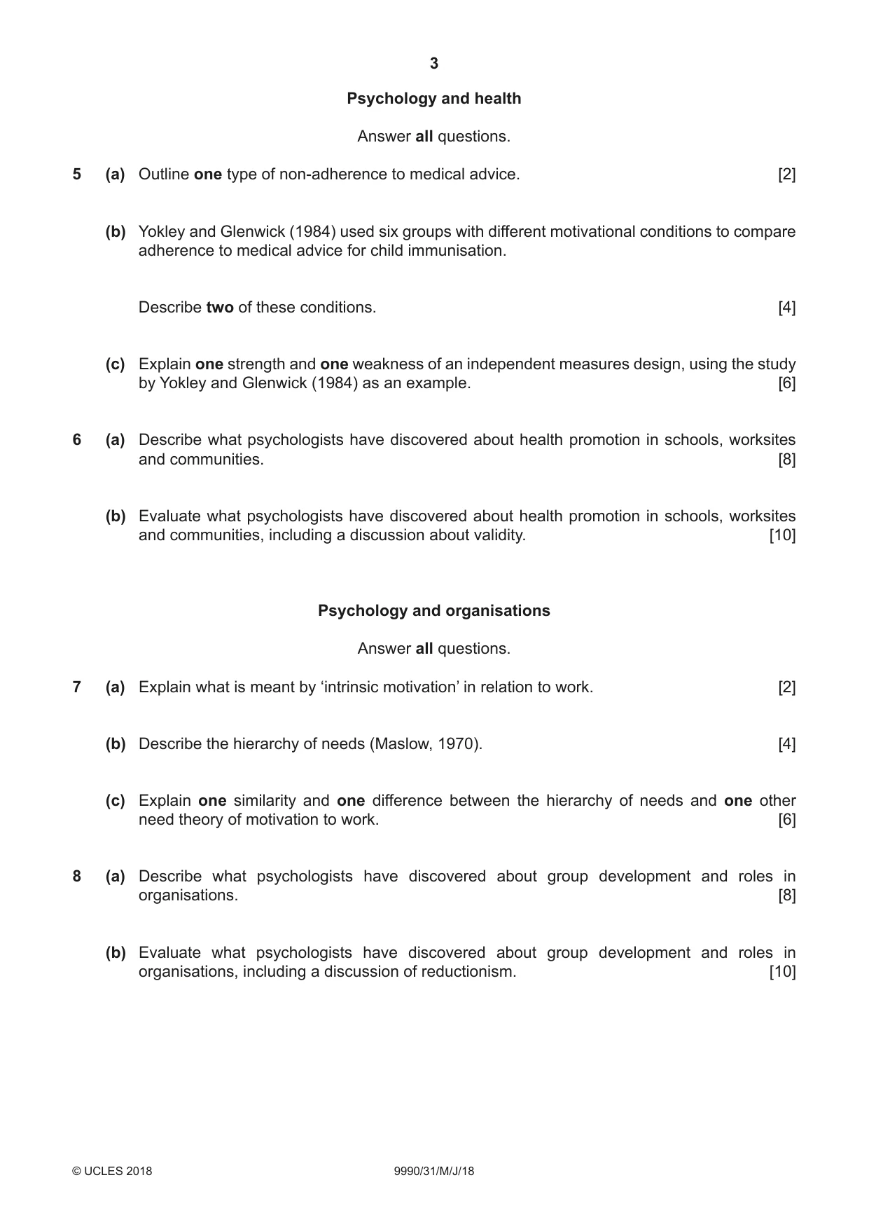 Cambridge A Level Psychology (from 2018) 9990 2018 May/June Paper 3 · Variant 1 question paper, page 3 of 4