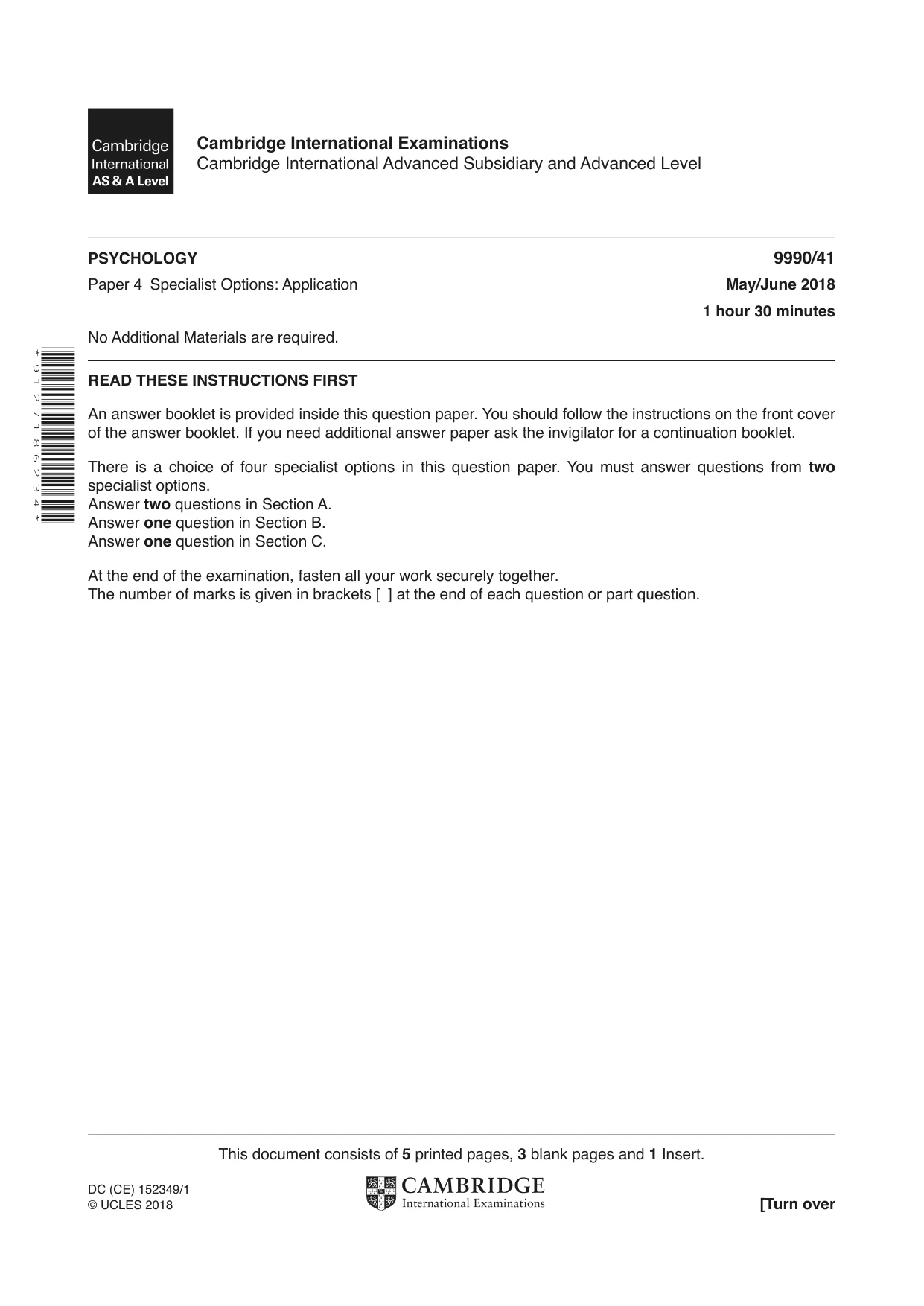 Cambridge A Level Psychology (from 2018) 9990 2018 May/June Paper 4 · Variant 1 question paper, page 1 of 8