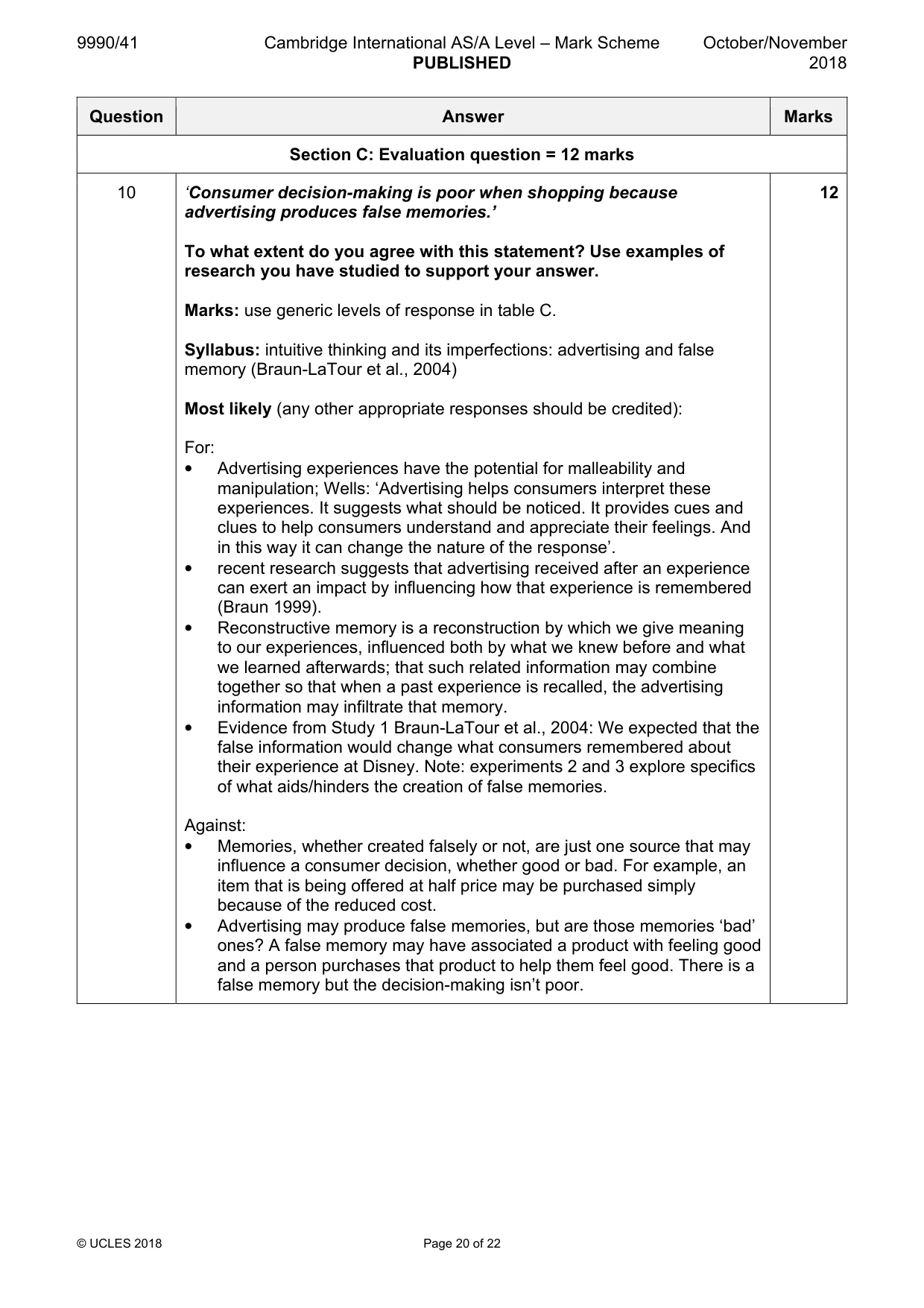 Mark scheme, page 20 of 22