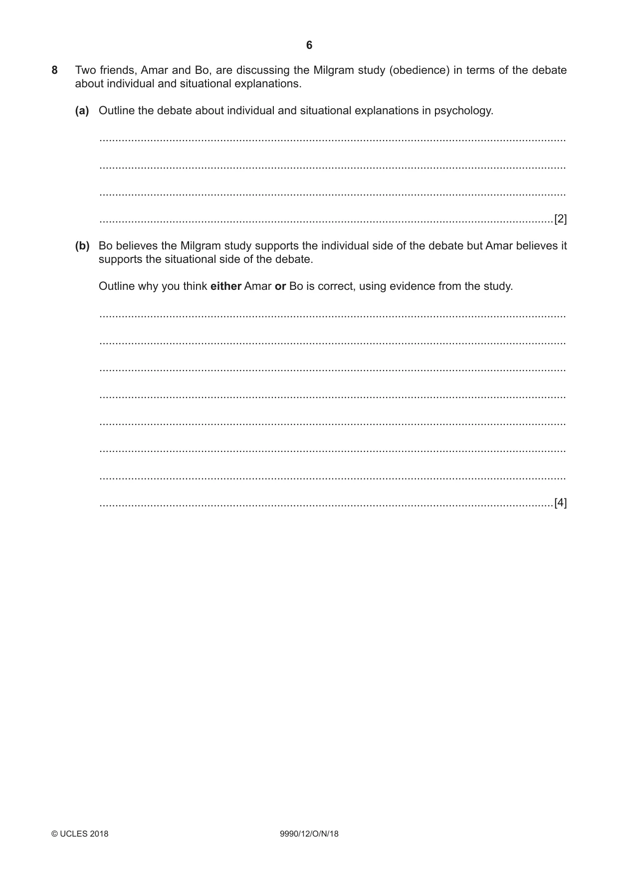 Cambridge A Level Psychology (from 2018) 9990 2018 Oct/Nov Paper 1 · Variant 2 question paper, page 6 of 12