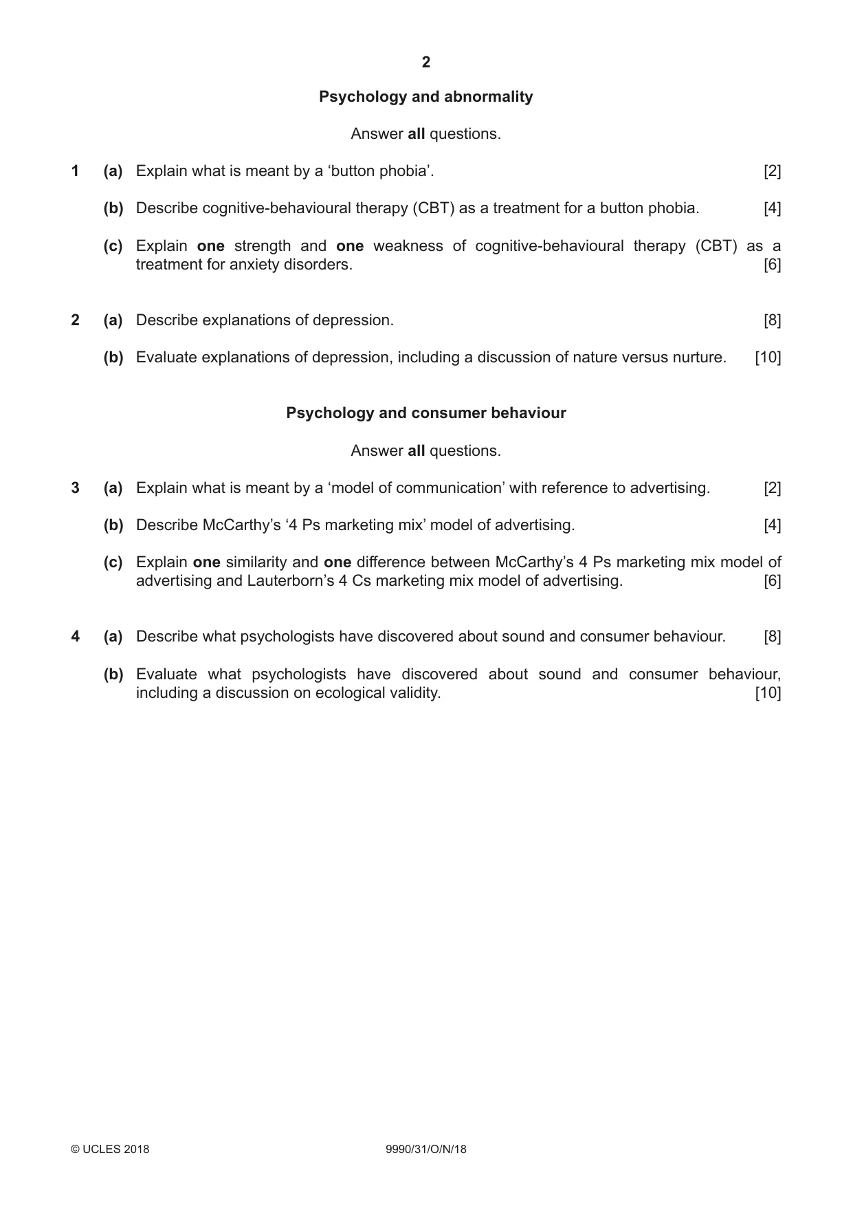 Cambridge A Level Psychology (from 2018) 9990 2018 Oct/Nov Paper 3 · Variant 1 question paper, page 2 of 4