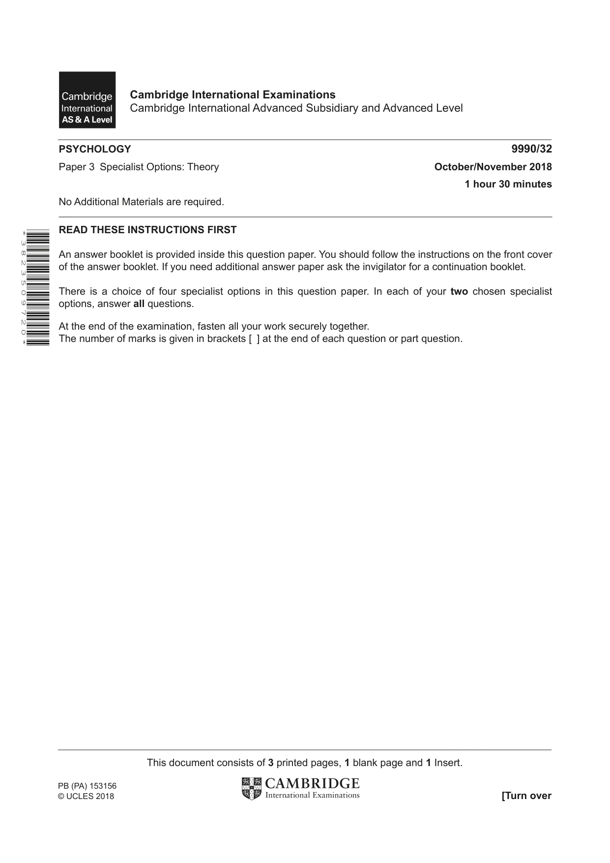 Cambridge A Level Psychology (from 2018) 9990 2018 Oct/Nov Paper 3 · Variant 2 question paper, page 1 of 4