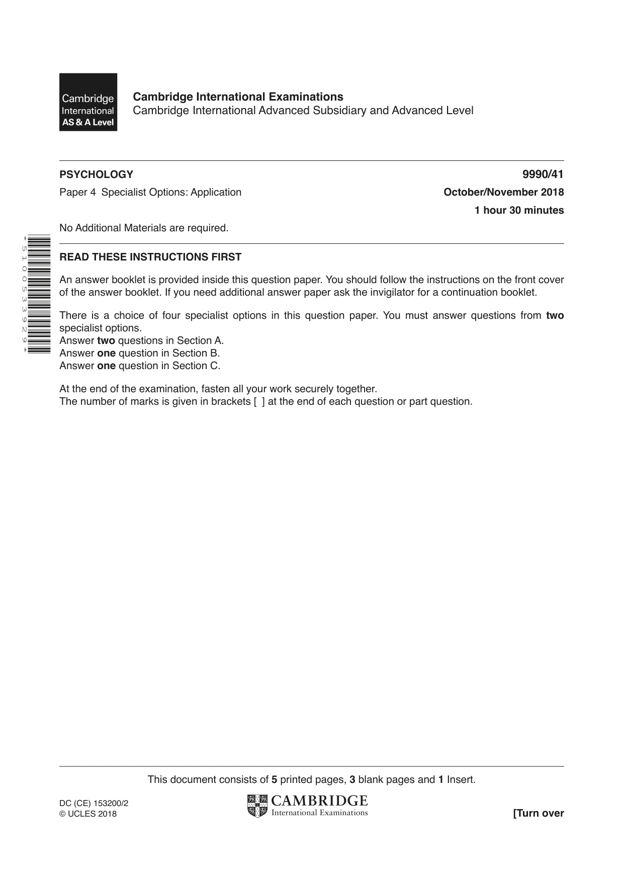 Cambridge A Level Psychology (from 2018) 9990 2018 Oct/Nov Paper 4 · Variant 1 question paper, page 1 of 8