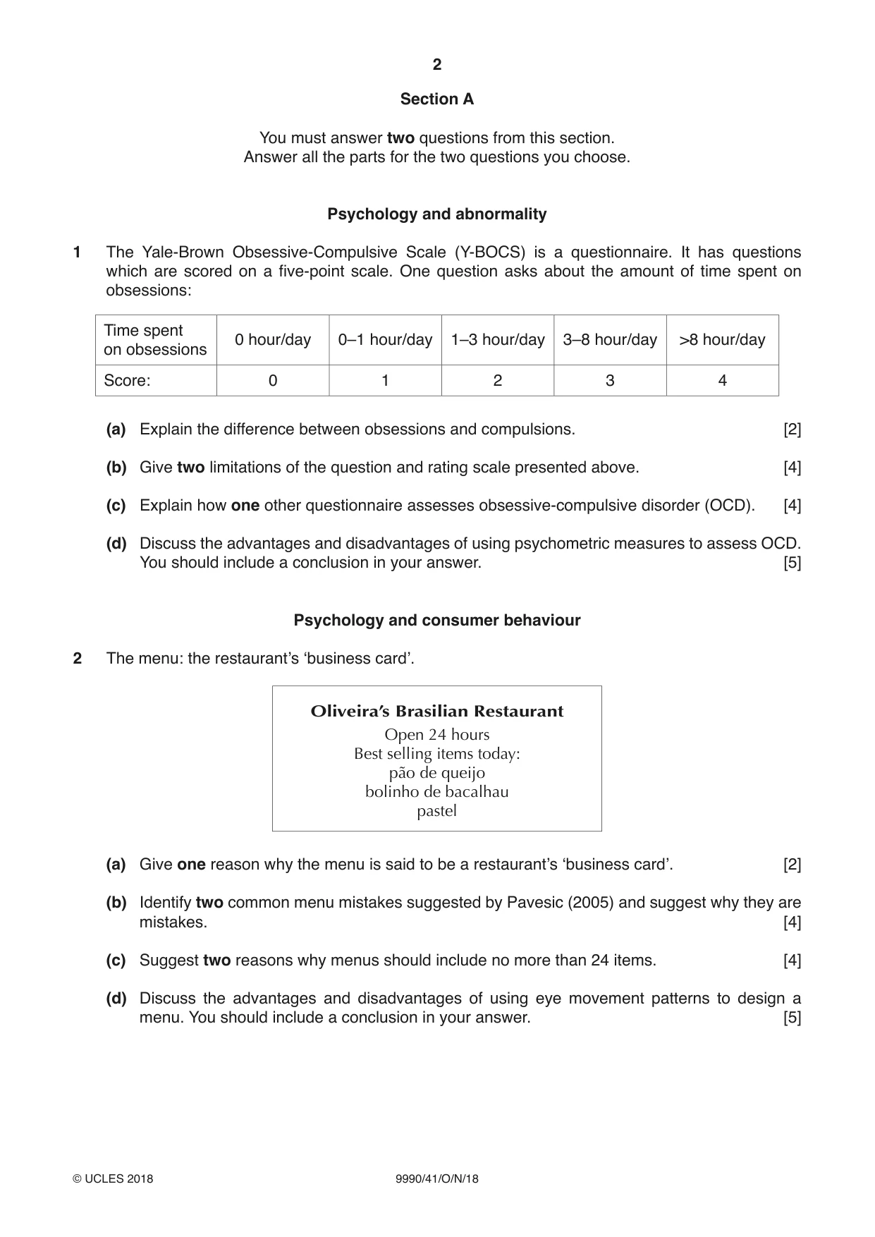 Cambridge A Level Psychology (from 2018) 9990 2018 Oct/Nov Paper 4 · Variant 1 question paper, page 2 of 8