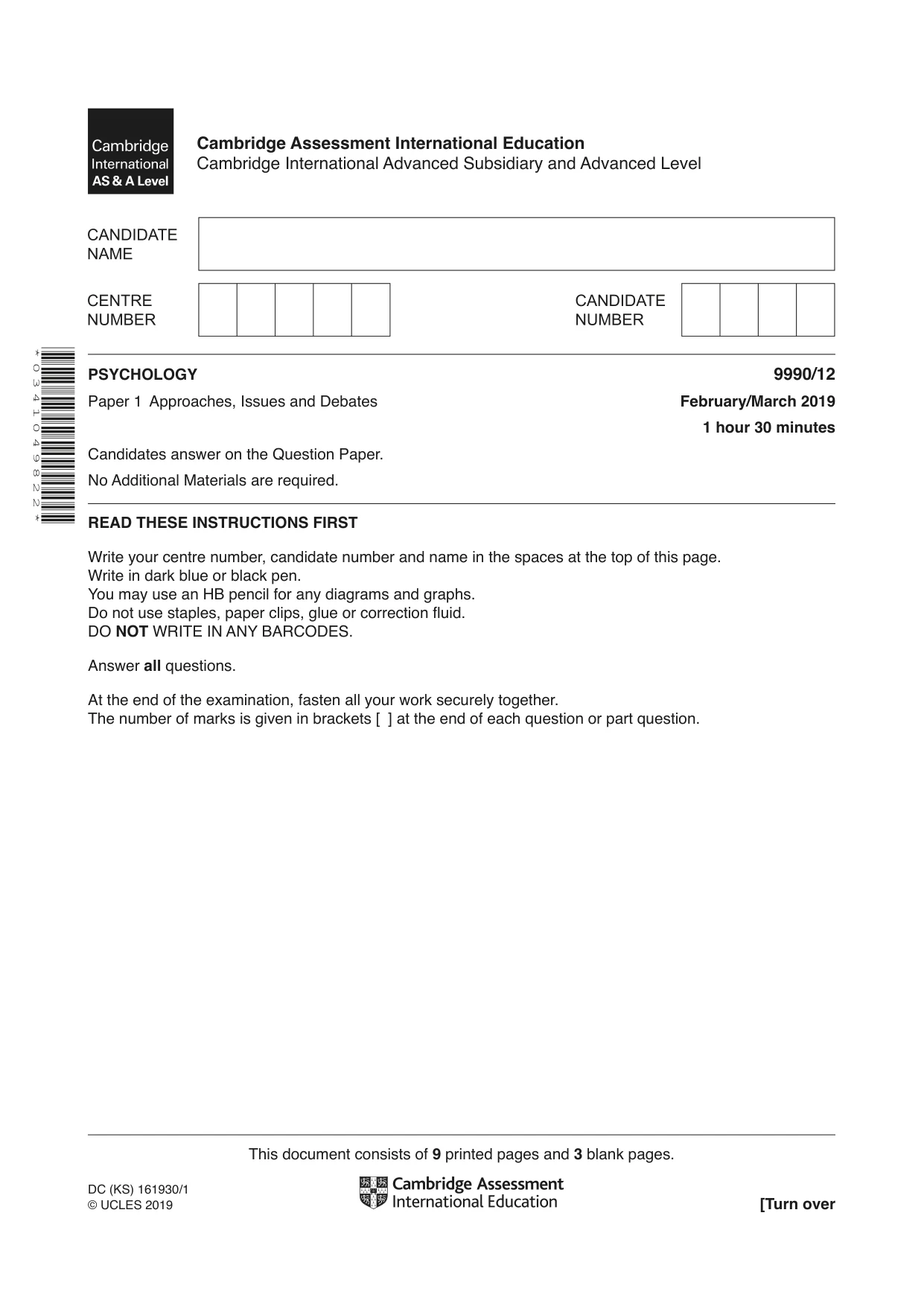Cambridge A Level Psychology (from 2018) 9990 2019 Feb/March Paper 1 · Variant 2 question paper, page 1 of 12