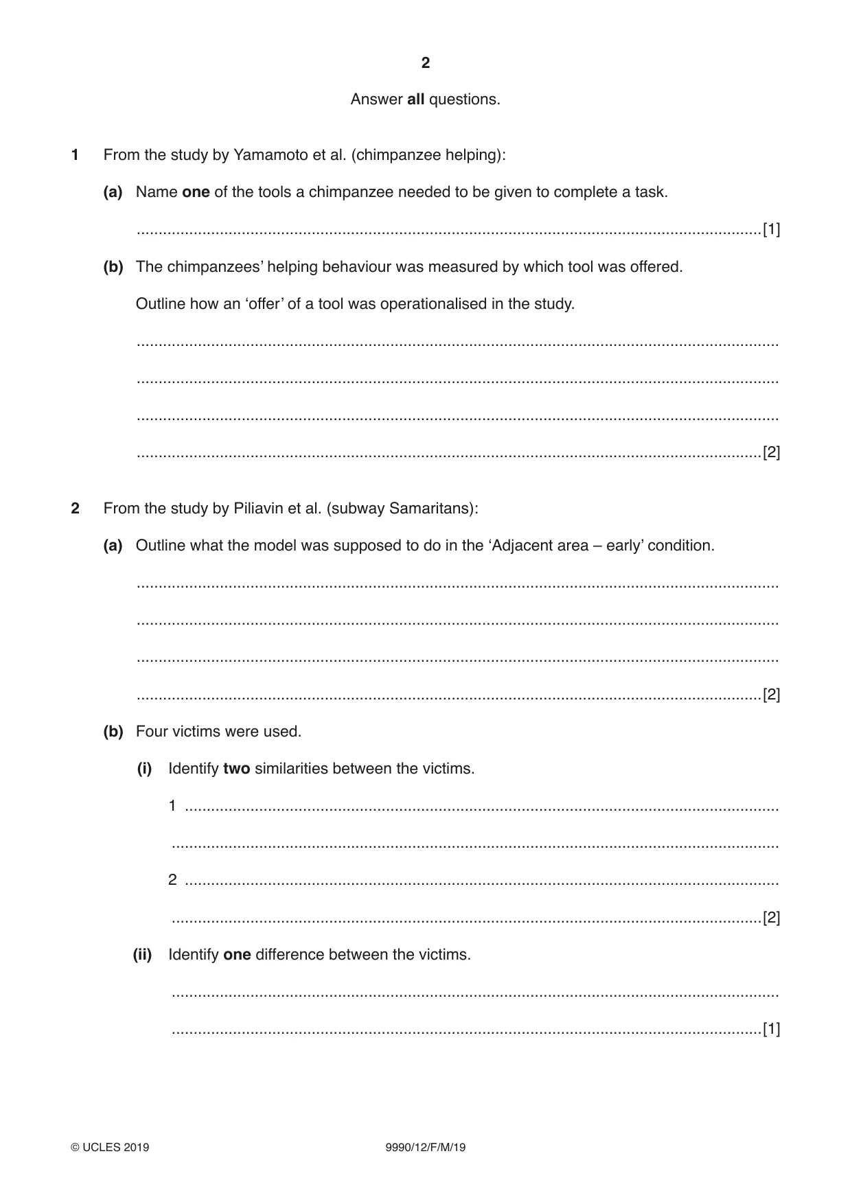 Cambridge A Level Psychology (from 2018) 9990 2019 Feb/March Paper 1 · Variant 2 question paper, page 2 of 12