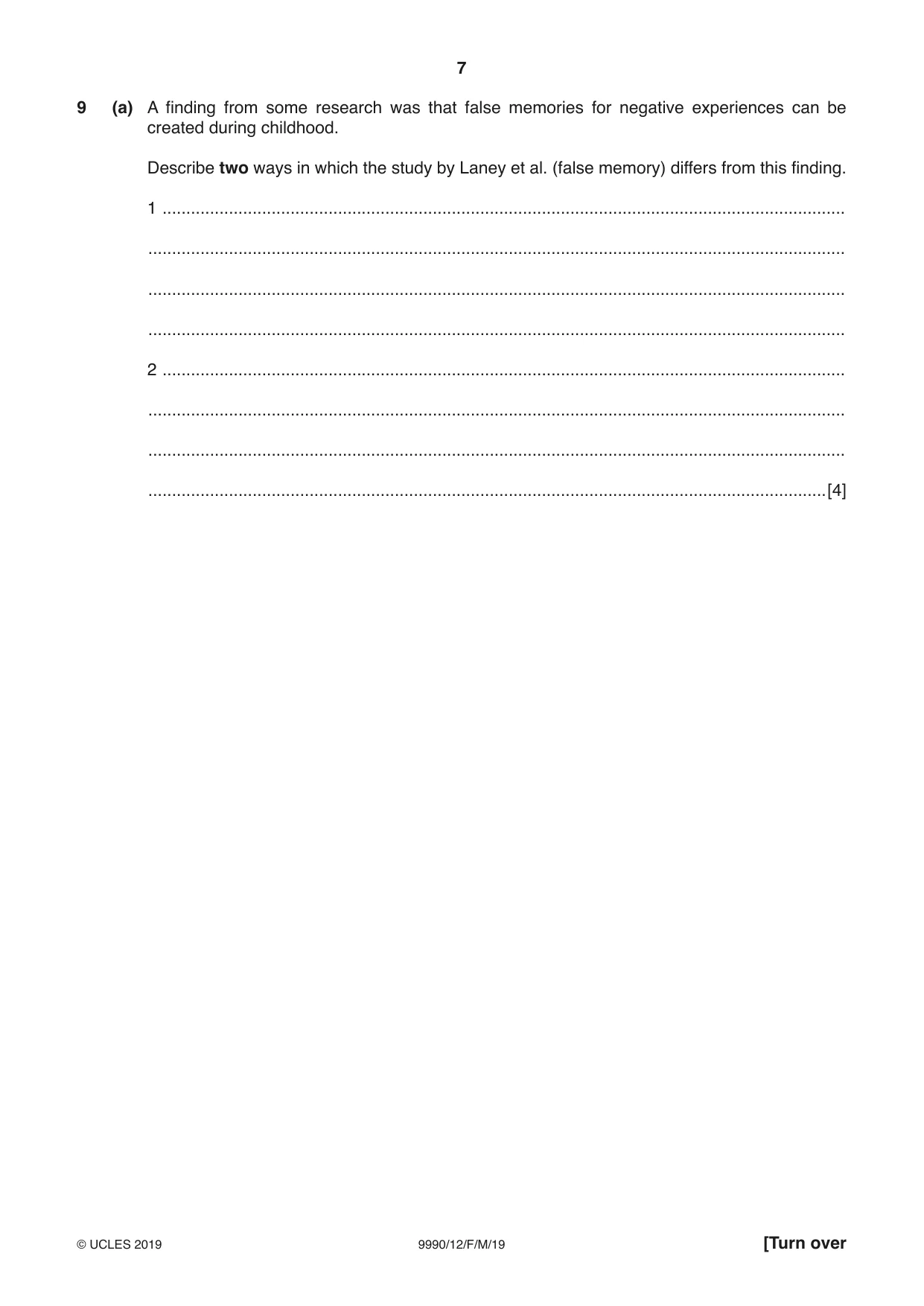Cambridge A Level Psychology (from 2018) 9990 2019 Feb/March Paper 1 · Variant 2 question paper, page 7 of 12