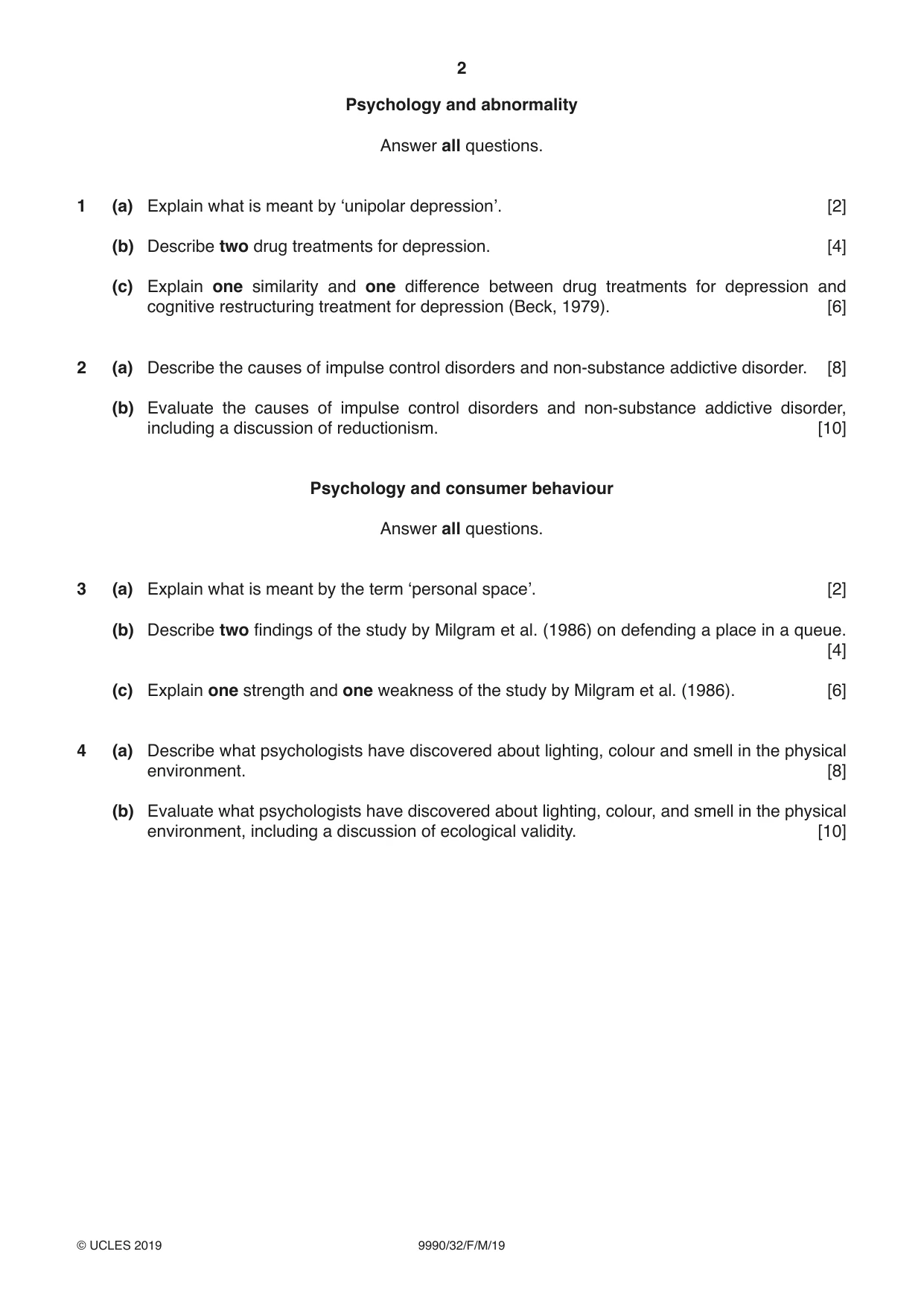 Cambridge A Level Psychology (from 2018) 9990 2019 Feb/March Paper 3 · Variant 2 question paper, page 2 of 4