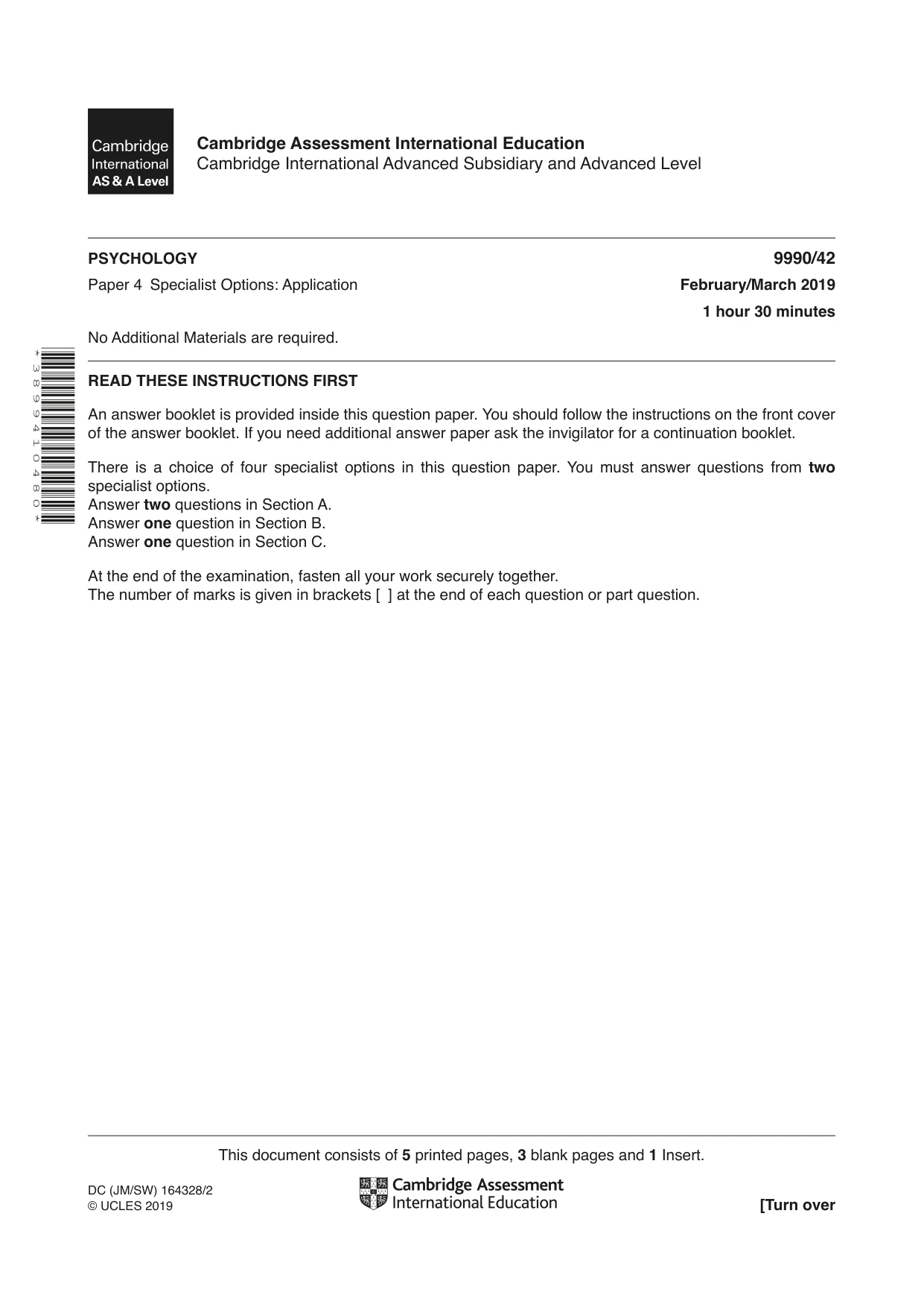Cambridge A Level Psychology (from 2018) 9990 2019 Feb/March Paper 4 · Variant 2 question paper, page 1 of 8