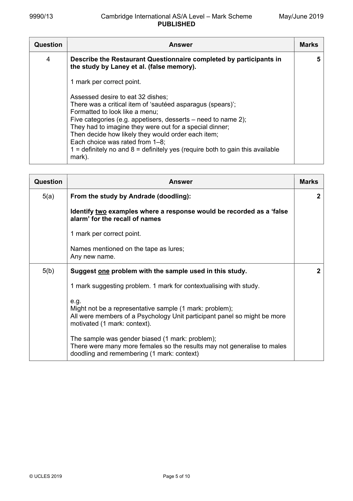 Mark scheme, page 5 of 10