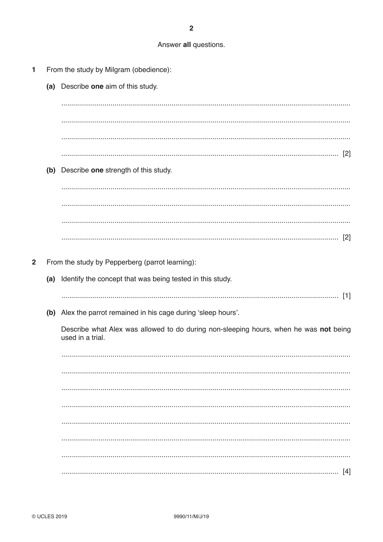 Cambridge A Level Psychology (from 2018) 9990 2019 May/June Paper 1 · Variant 1 question paper, page 2 of 8