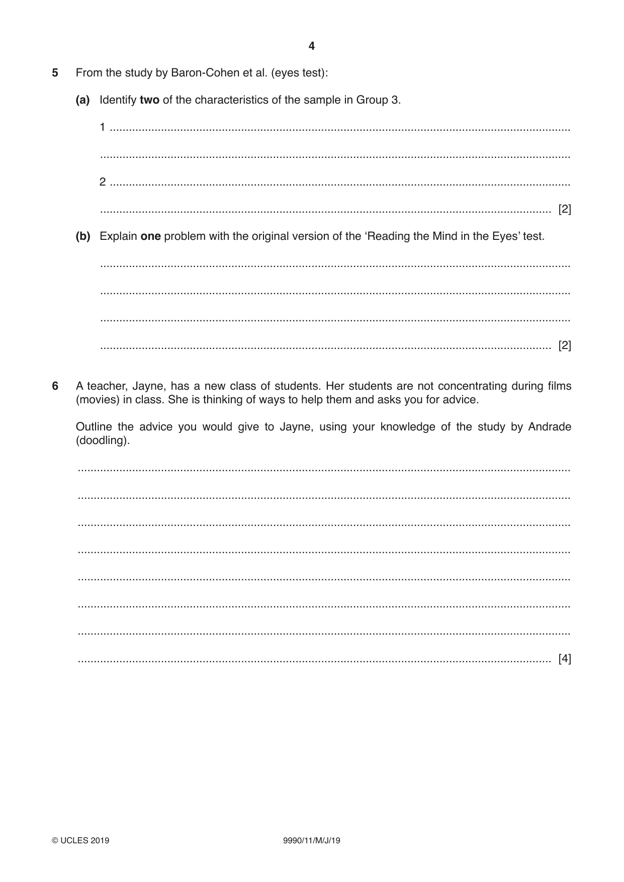 Cambridge A Level Psychology (from 2018) 9990 2019 May/June Paper 1 · Variant 1 question paper, page 4 of 8