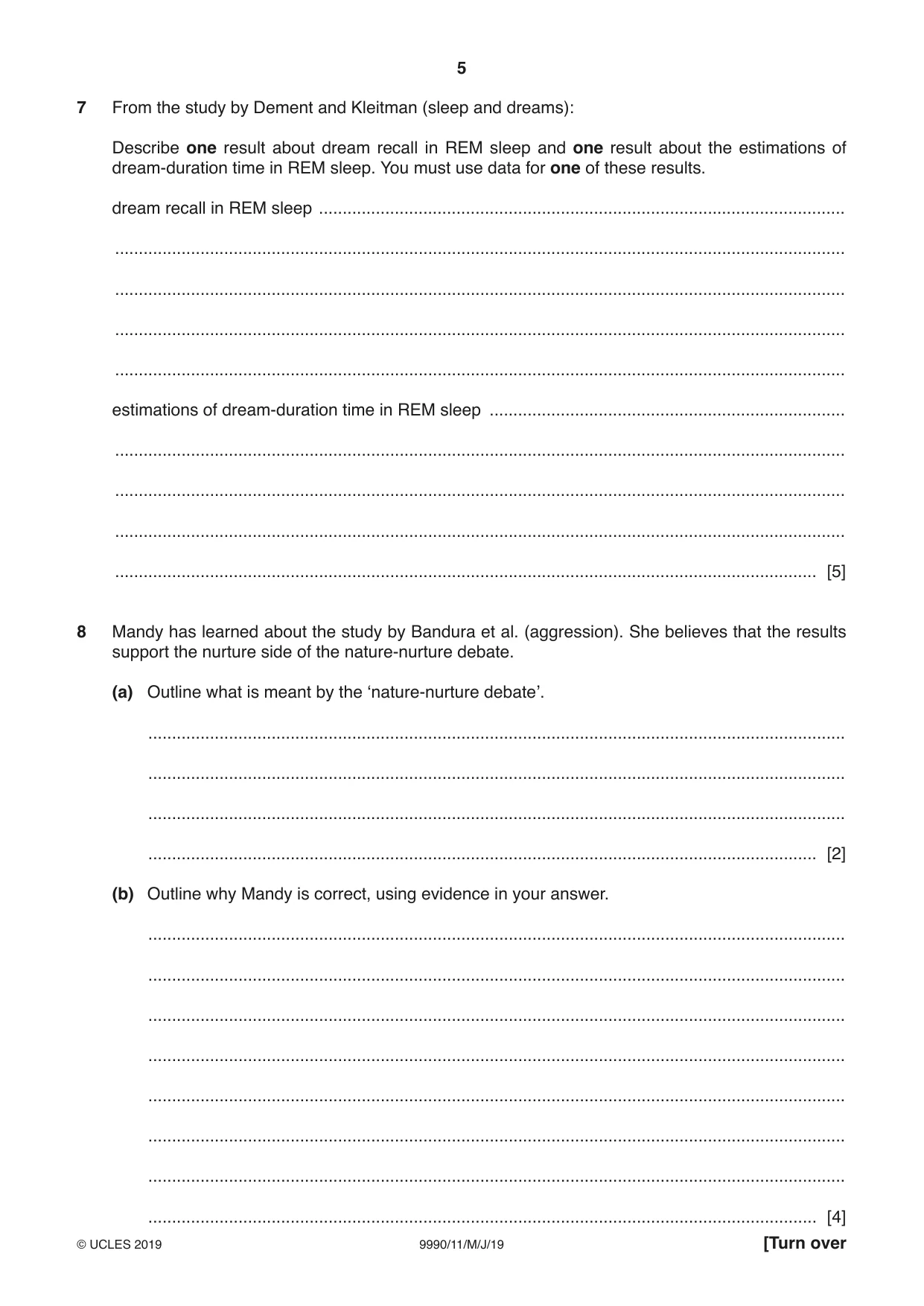Cambridge A Level Psychology (from 2018) 9990 2019 May/June Paper 1 · Variant 1 question paper, page 5 of 8