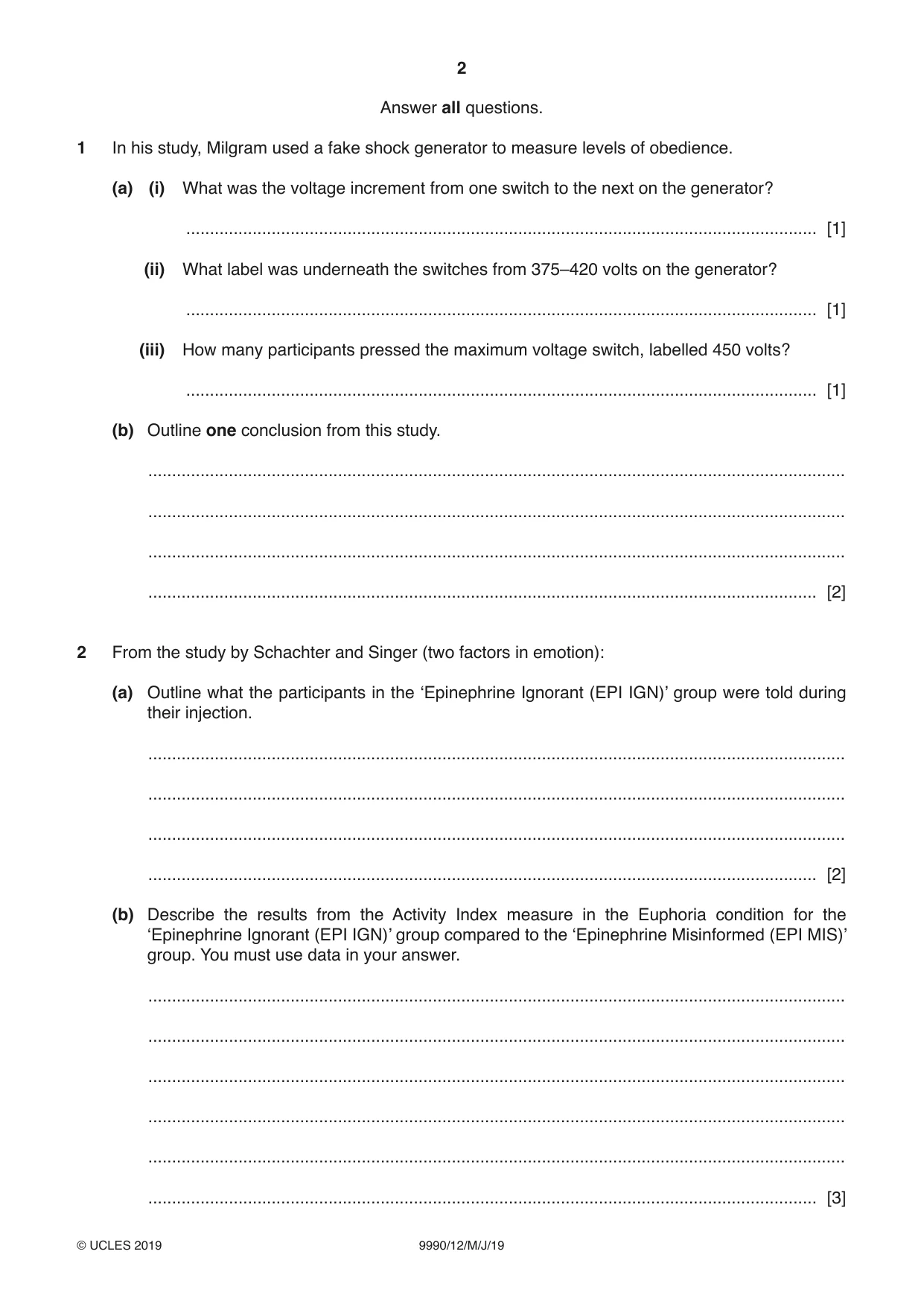 Cambridge A Level Psychology (from 2018) 9990 2019 May/June Paper 1 · Variant 2 question paper, page 2 of 8