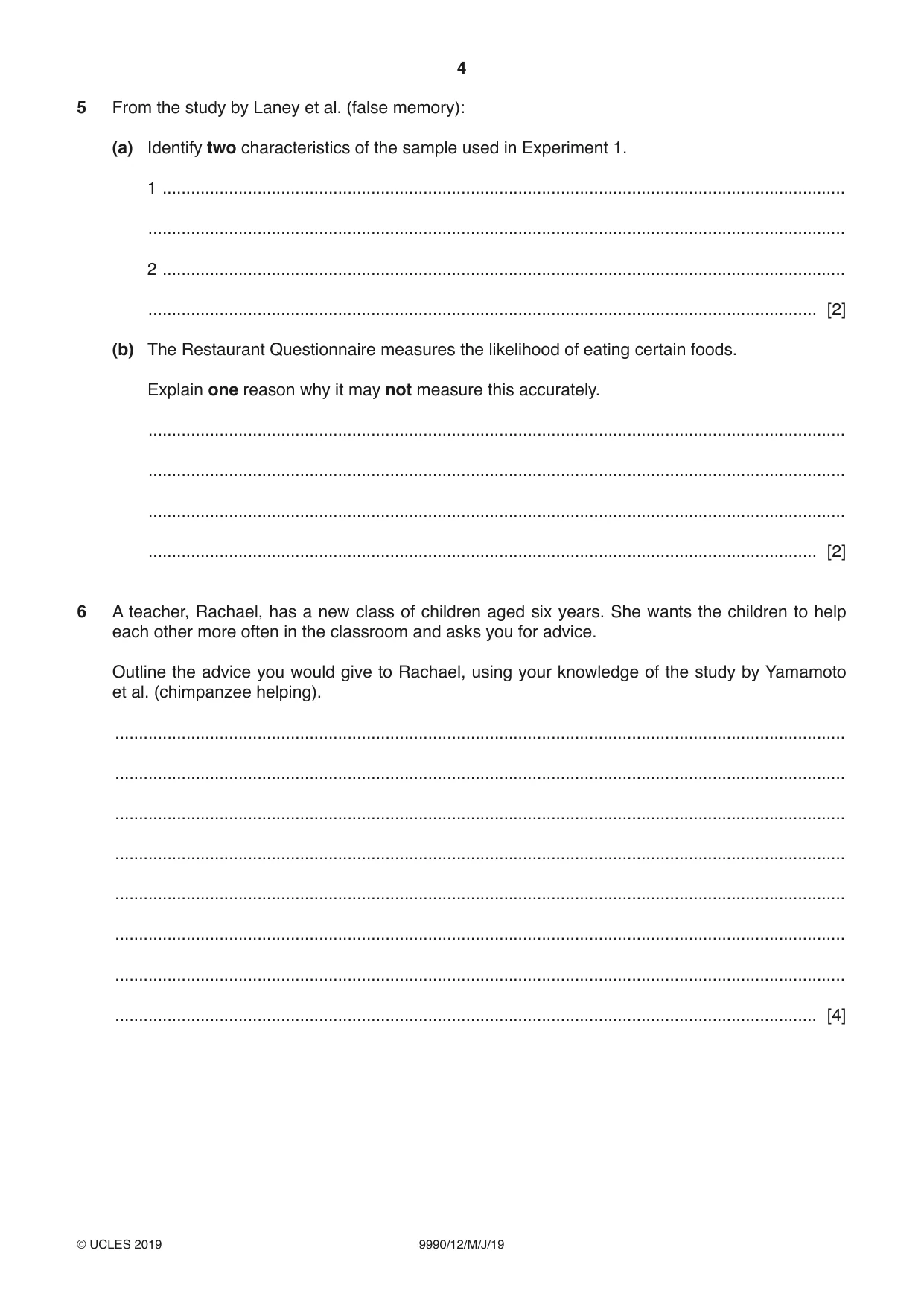 Cambridge A Level Psychology (from 2018) 9990 2019 May/June Paper 1 · Variant 2 question paper, page 4 of 8