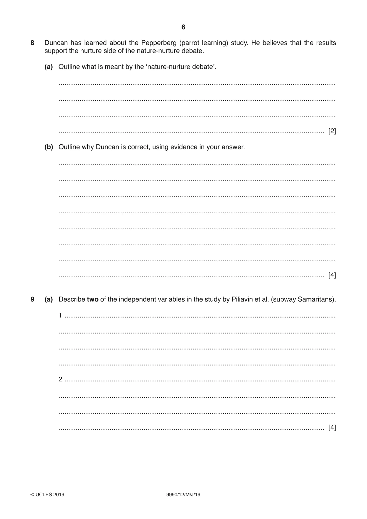 Cambridge A Level Psychology (from 2018) 9990 2019 May/June Paper 1 · Variant 2 question paper, page 6 of 8