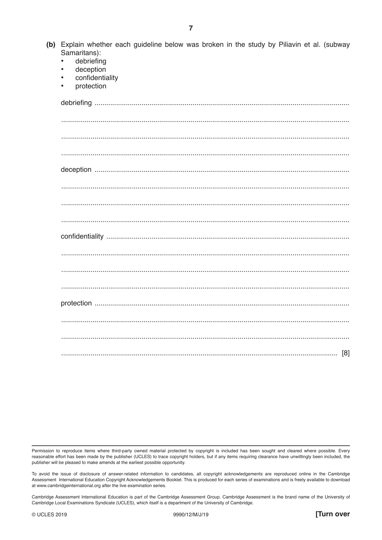 Cambridge A Level Psychology (from 2018) 9990 2019 May/June Paper 1 · Variant 2 question paper, page 7 of 8