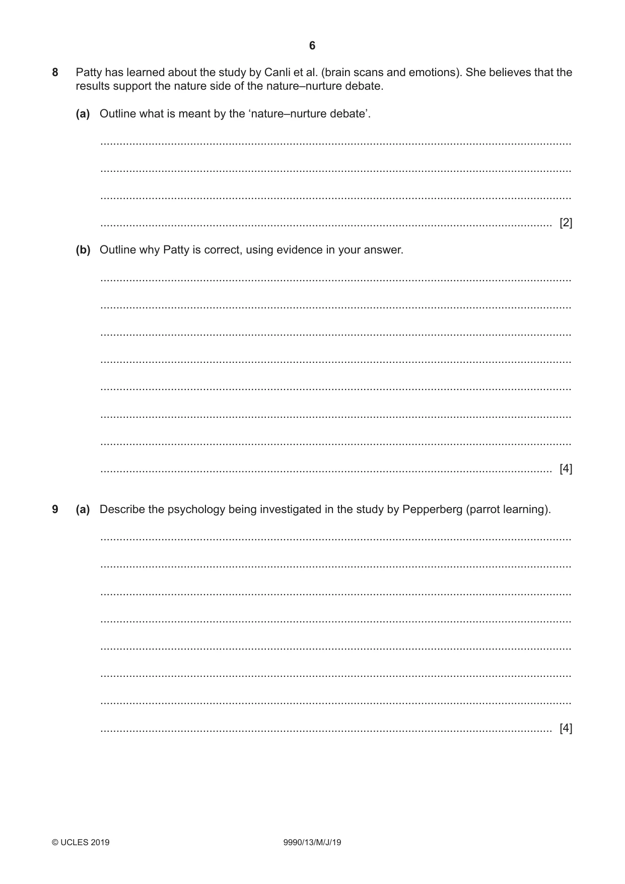 Cambridge A Level Psychology (from 2018) 9990 2019 May/June Paper 1 · Variant 3 question paper, page 6 of 8