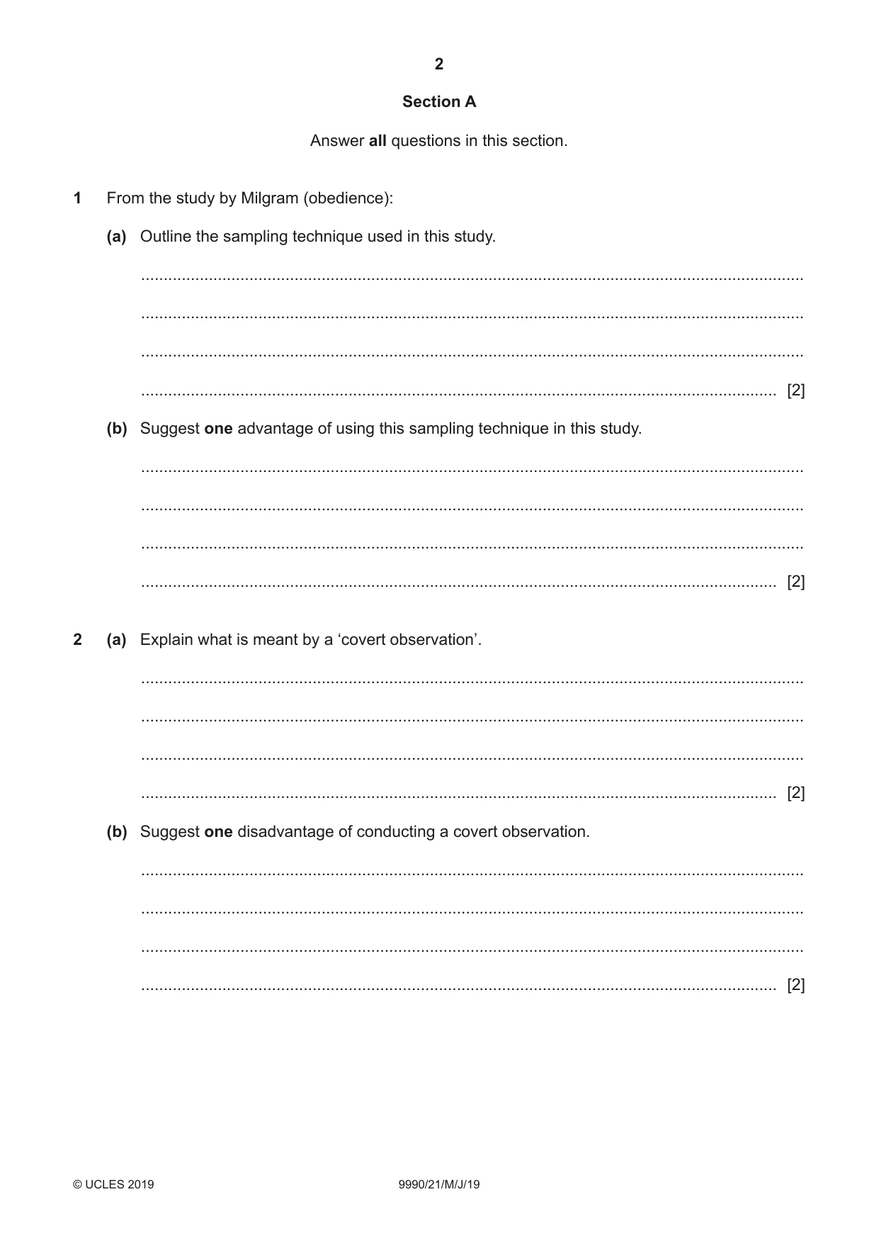 Cambridge A Level Psychology (from 2018) 9990 2019 May/June Paper 2 · Variant 1 question paper, page 2 of 12