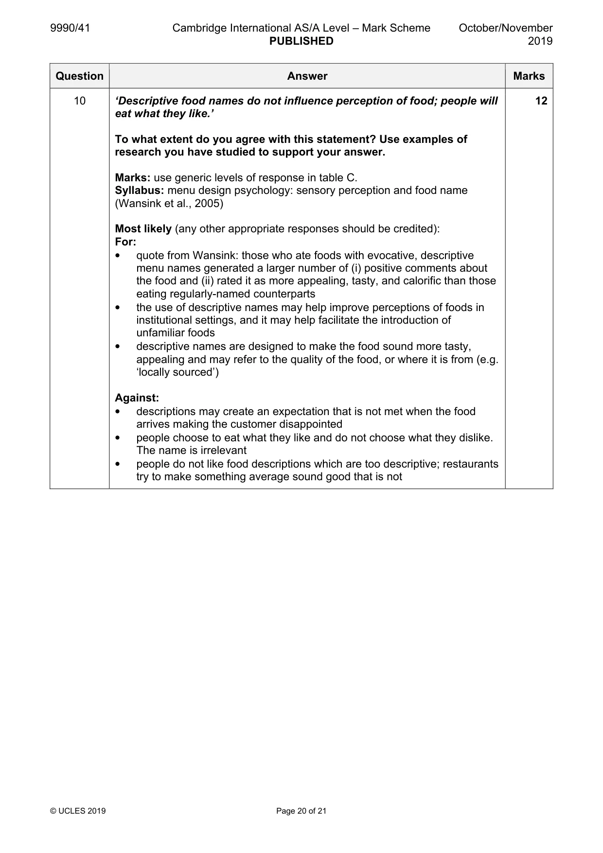 Mark scheme, page 20 of 21