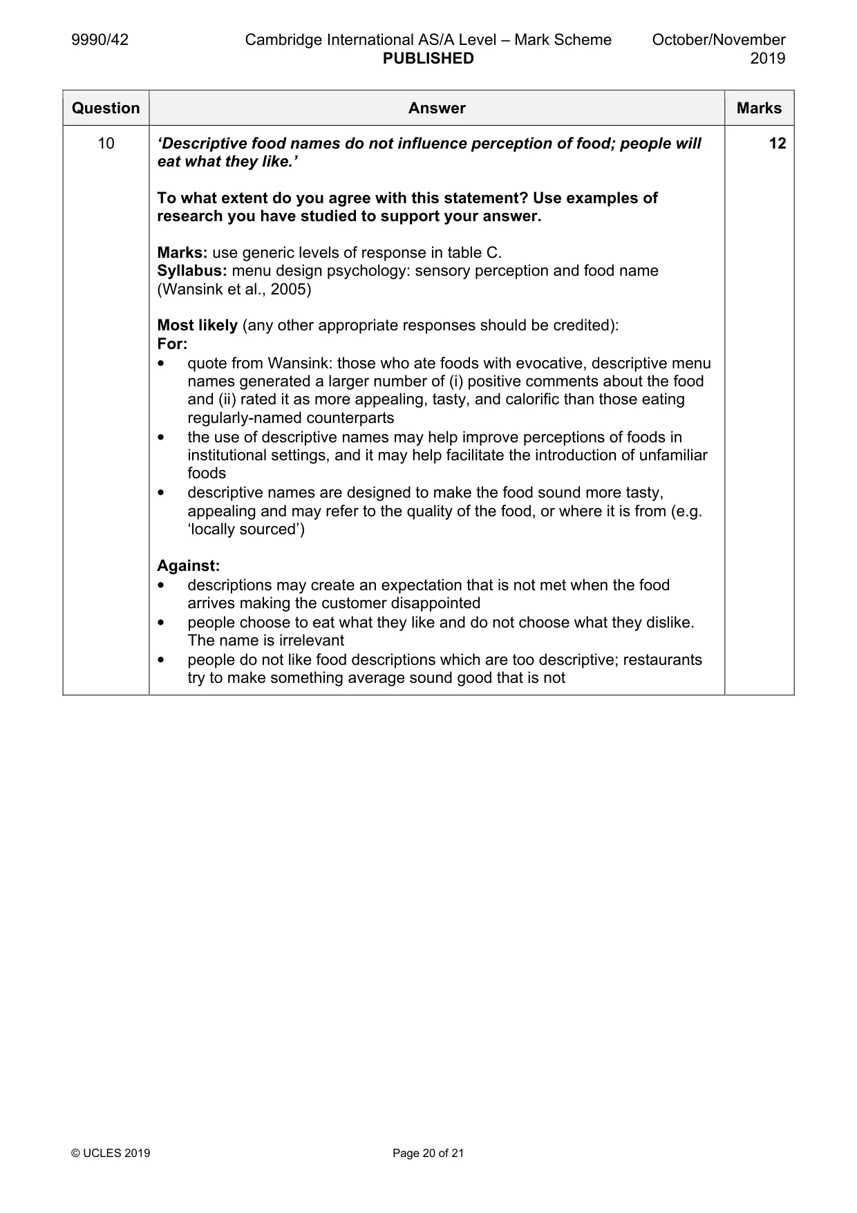 Mark scheme, page 20 of 21