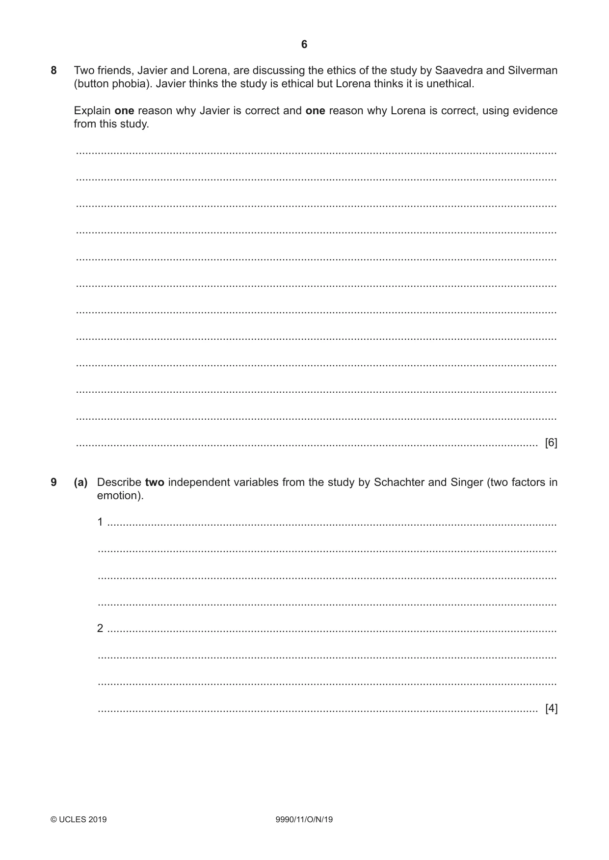 Cambridge A Level Psychology (from 2018) 9990 2019 Oct/Nov Paper 1 · Variant 1 question paper, page 6 of 8