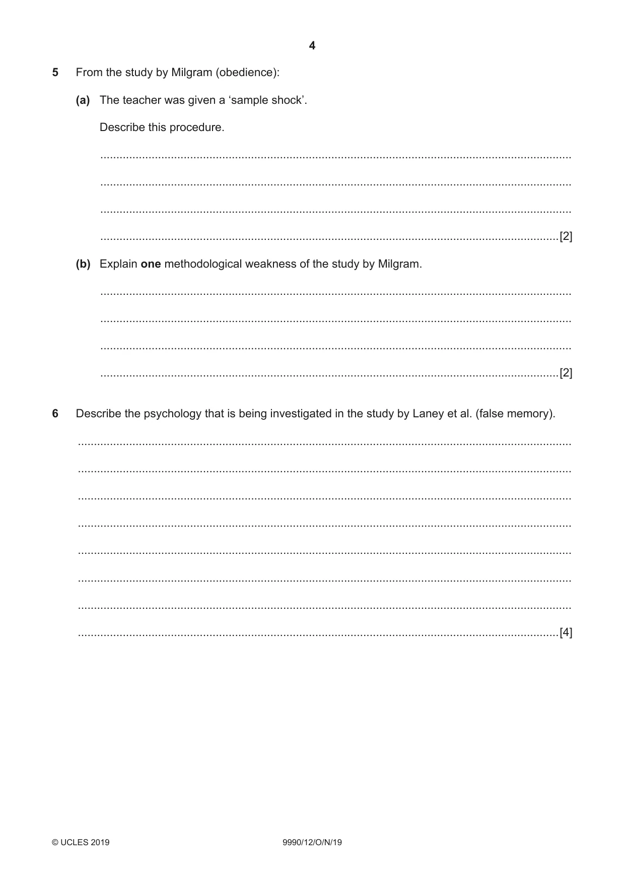 Cambridge A Level Psychology (from 2018) 9990 2019 Oct/Nov Paper 1 · Variant 2 question paper, page 4 of 8